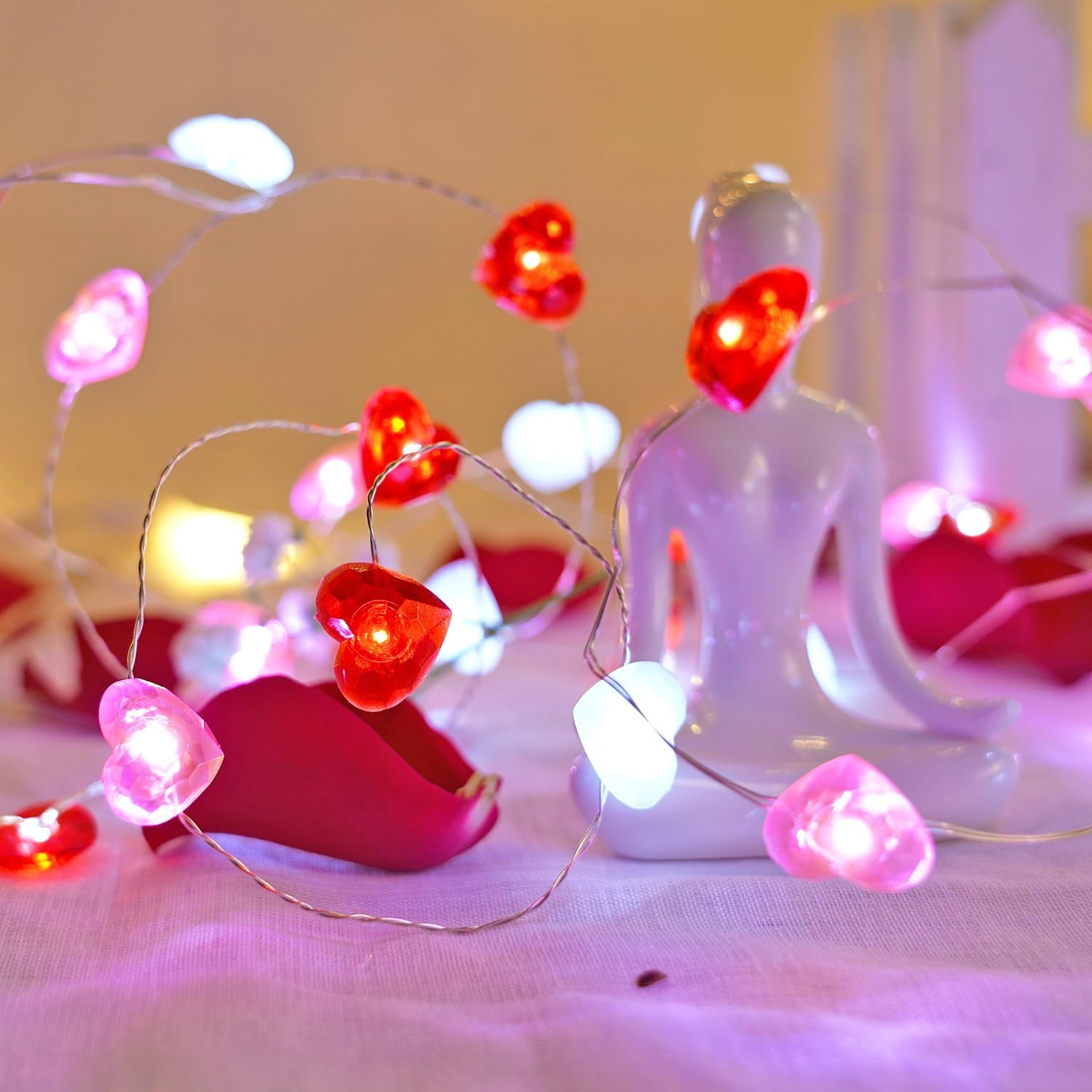 Valentine Heart String Lights, R/W/P, 10ft 40 LED, Battery, Remote Timer Decor. - Image 3