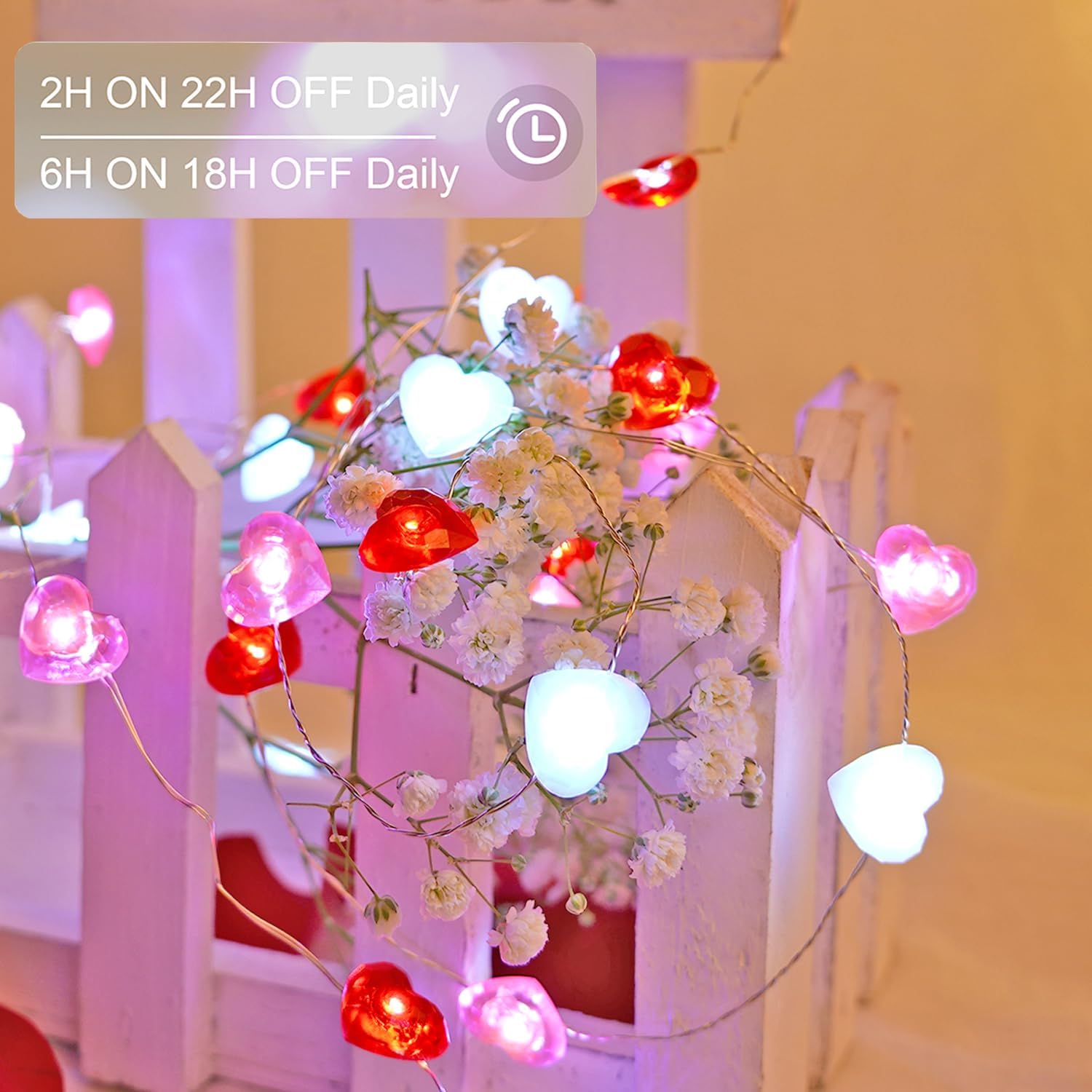 Valentine Heart String Lights, R/W/P, 10ft 40 LED, Battery, Remote Timer Decor. - Image 5