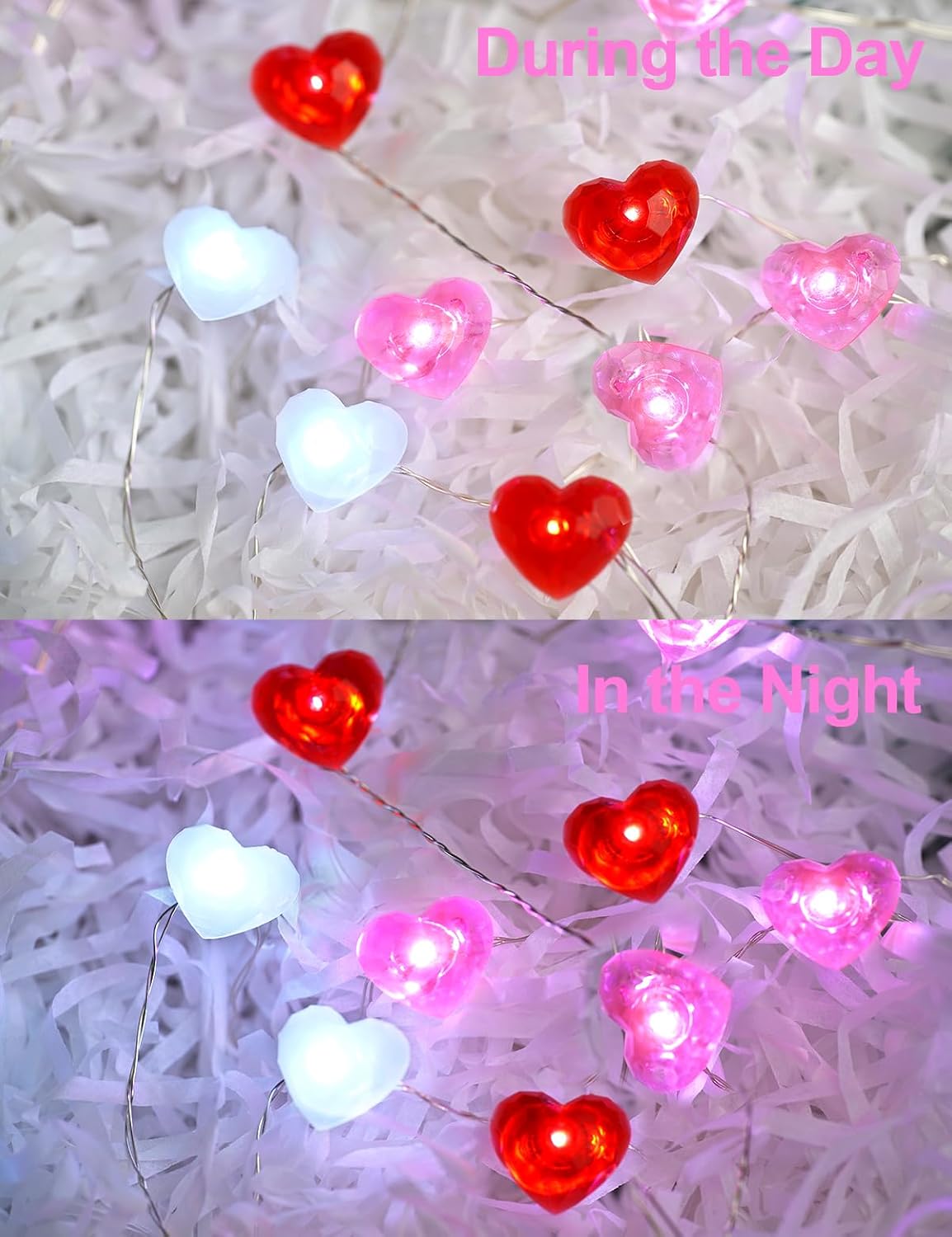 Valentine Heart String Lights, R/W/P, 10ft 40 LED, Battery, Remote Timer Decor. - Image 6