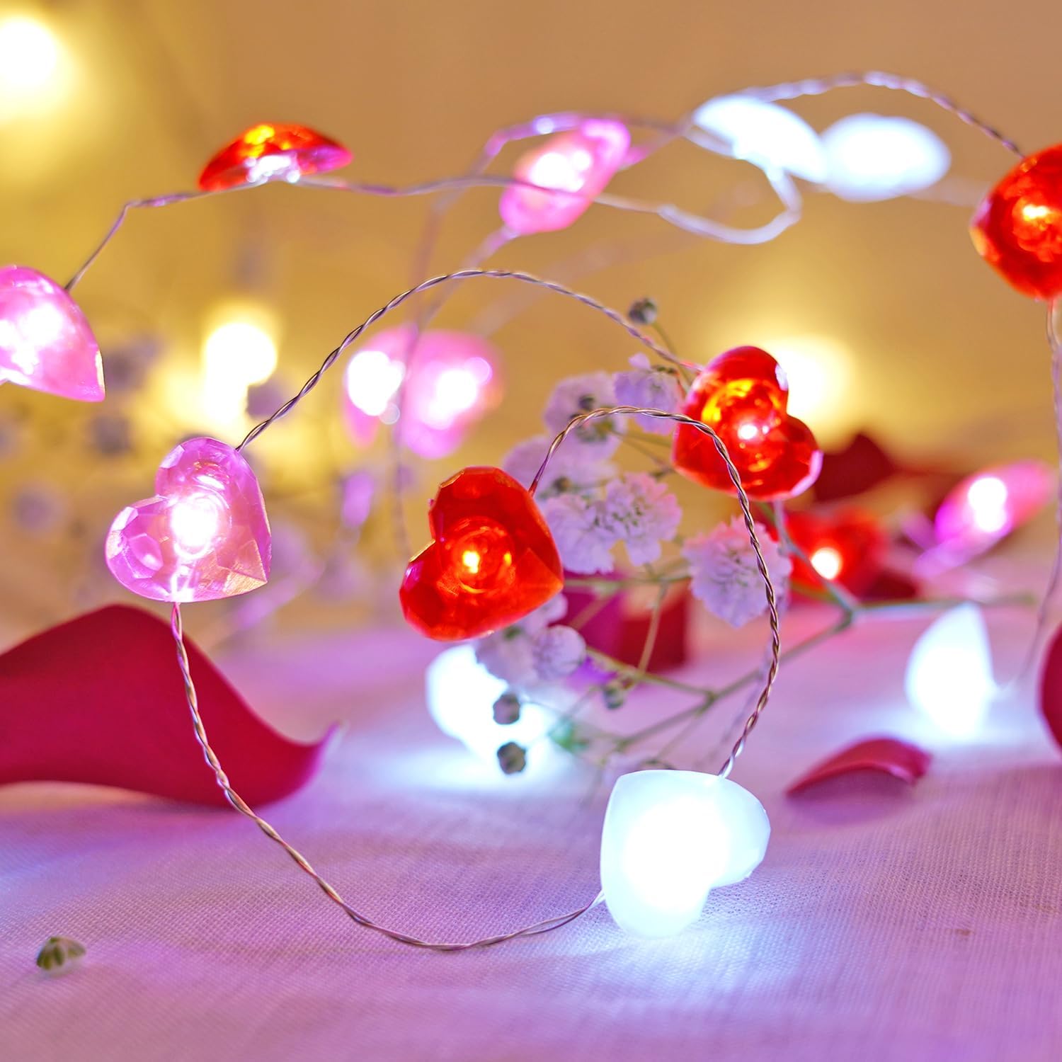 Valentine Heart String Lights, R/W/P, 10ft 40 LED, Battery, Remote Timer Decor. - Image 7