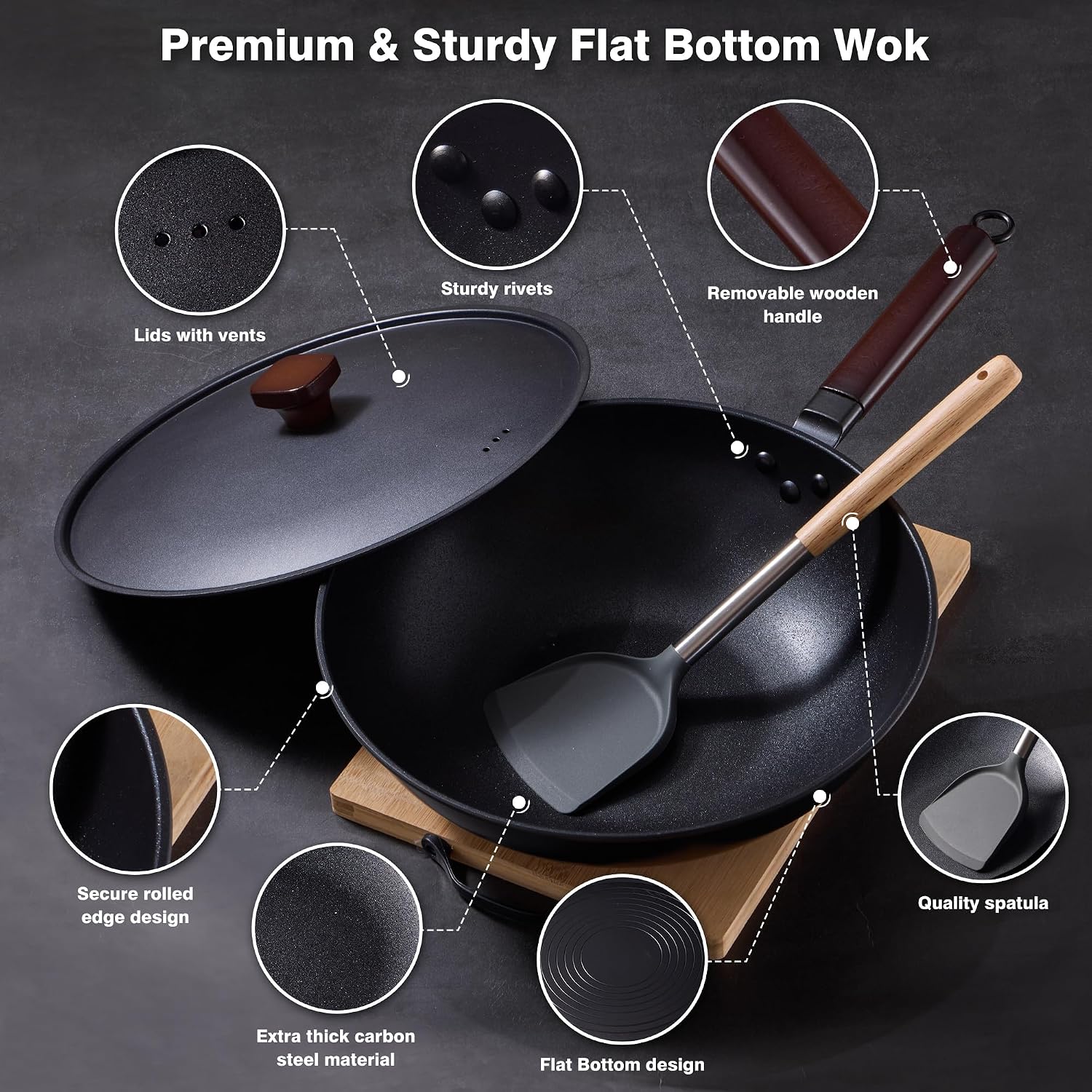 Teewe 13" Pre-Seasoned Carbon Steel Wok. Flat Bottom, All Stoves, Lid & Spatula. - Image 4