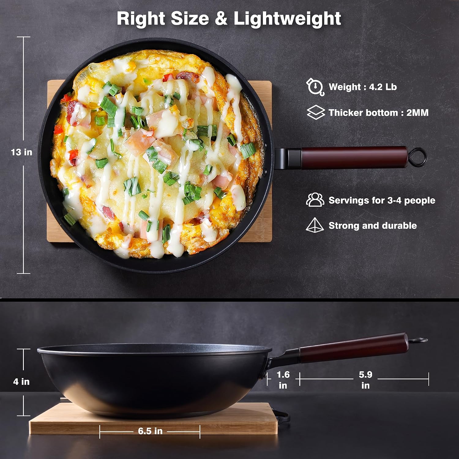 Teewe 13" Pre-Seasoned Carbon Steel Wok. Flat Bottom, All Stoves, Lid & Spatula. - Image 6