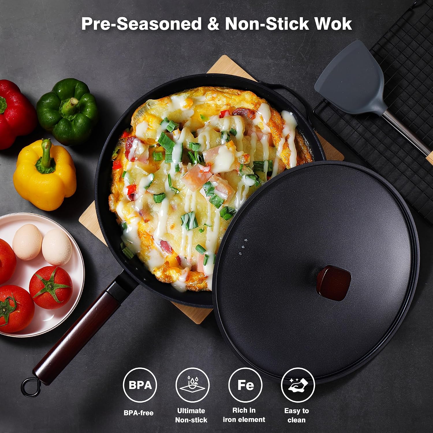 Teewe 13" Pre-Seasoned Carbon Steel Wok. Flat Bottom, All Stoves, Lid & Spatula. - Image 7