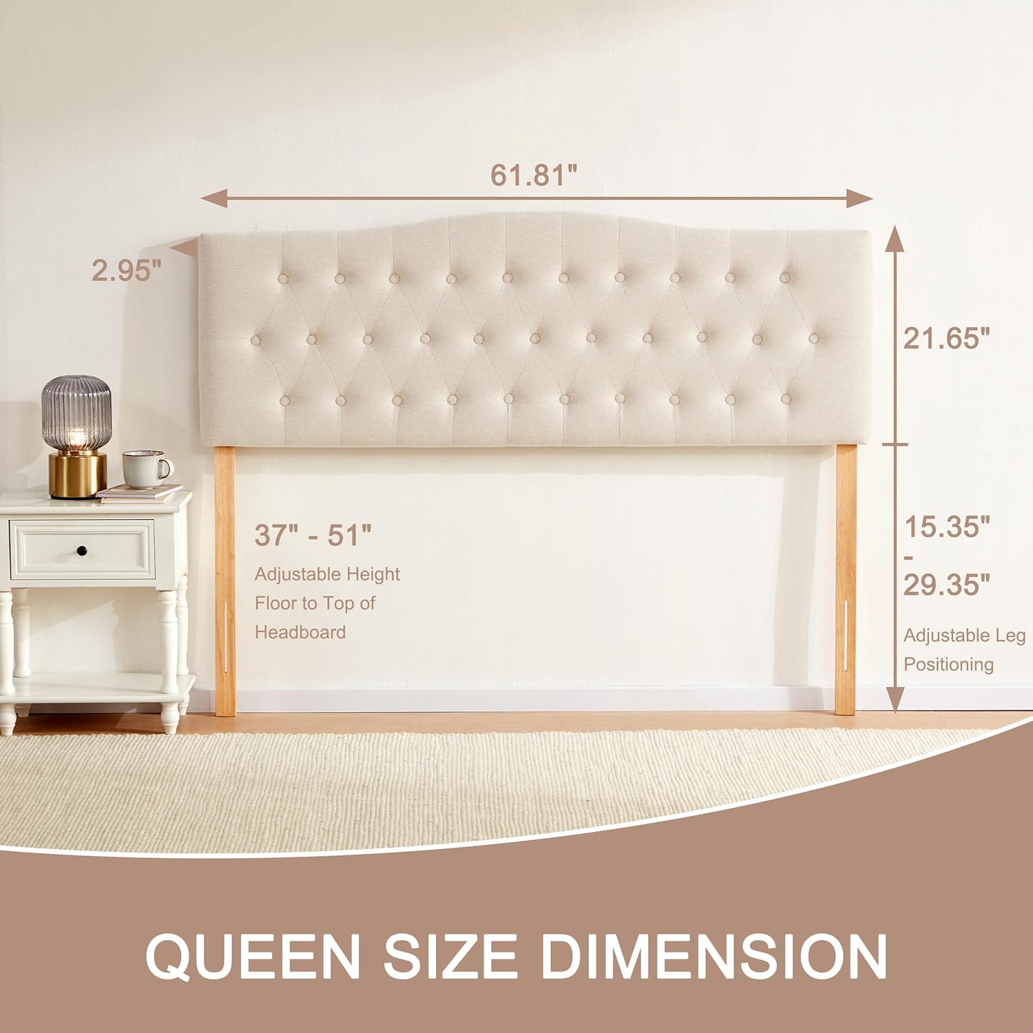 Beige Queen Tufted Headboard, Solid Wood, Adjustable Height, Button Diamond - Image 2