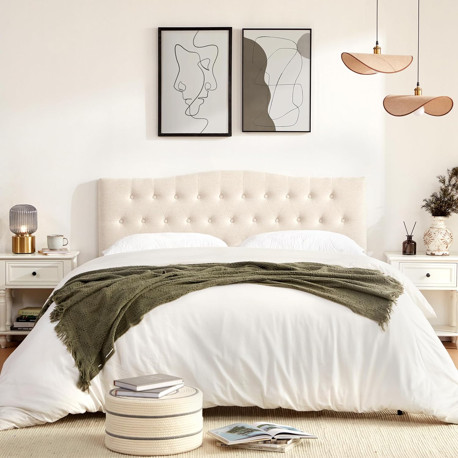 Beige Queen Tufted Headboard, Solid Wood, Adjustable Height, Button Diamond - Image 3