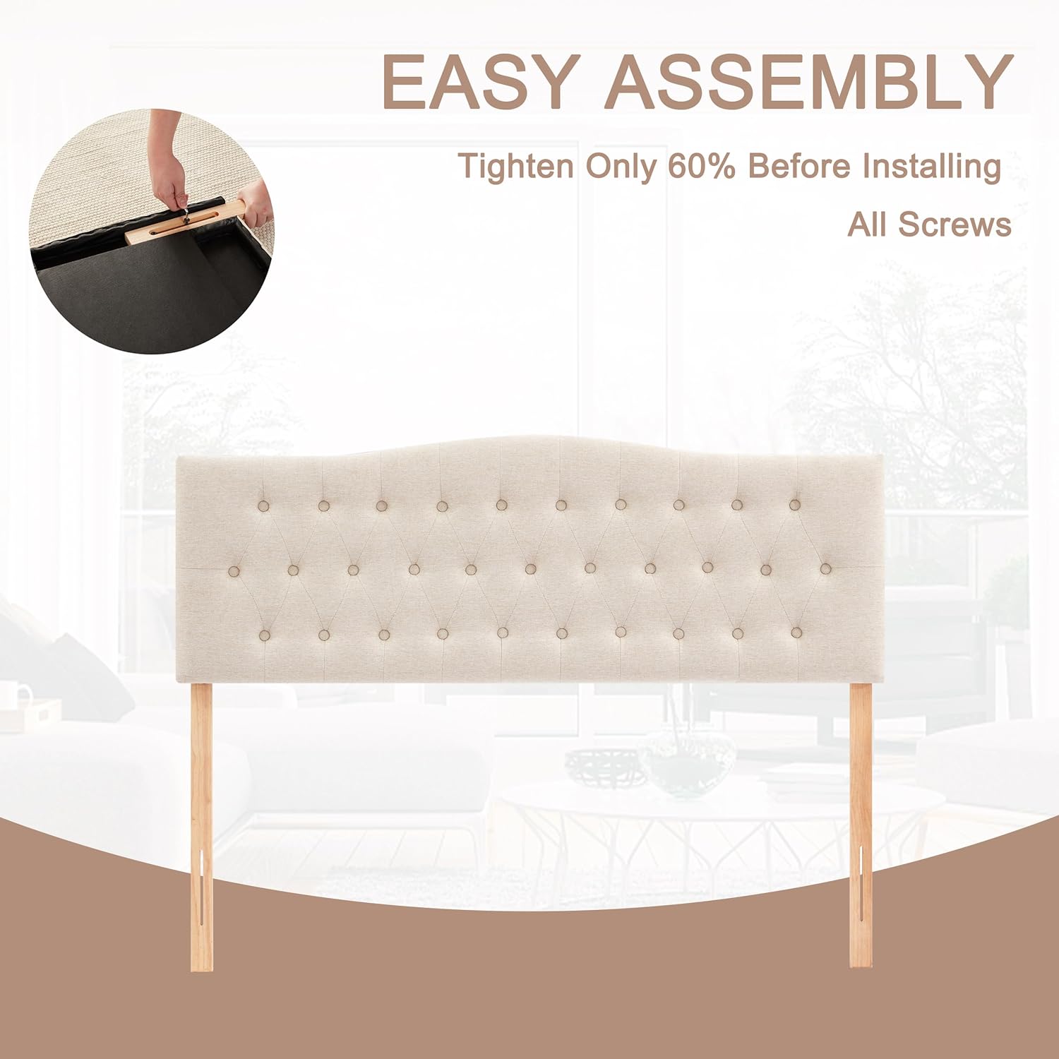 Beige Queen Tufted Headboard, Solid Wood, Adjustable Height, Button Diamond - Image 4