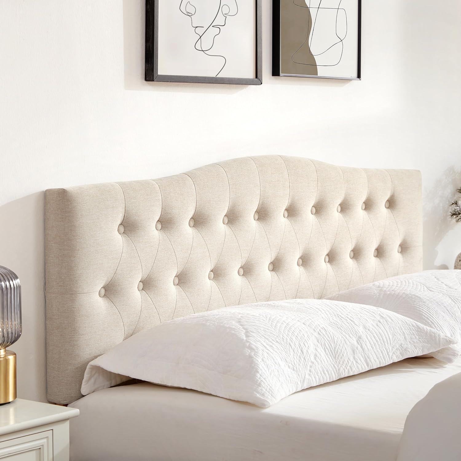 Beige Queen Tufted Headboard, Solid Wood, Adjustable Height, Button Diamond - Image 5