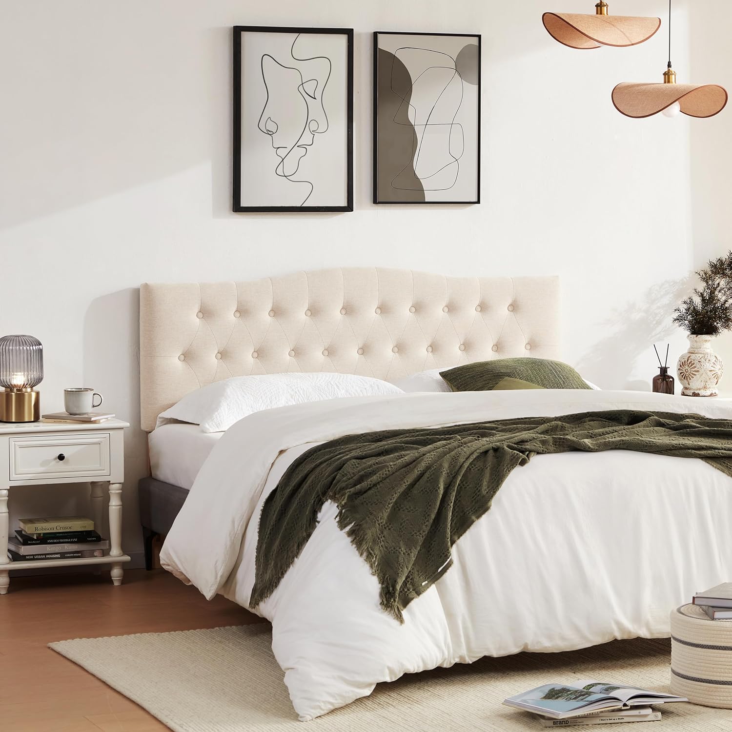 Beige Queen Tufted Headboard, Solid Wood, Adjustable Height, Button Diamond - Image 6