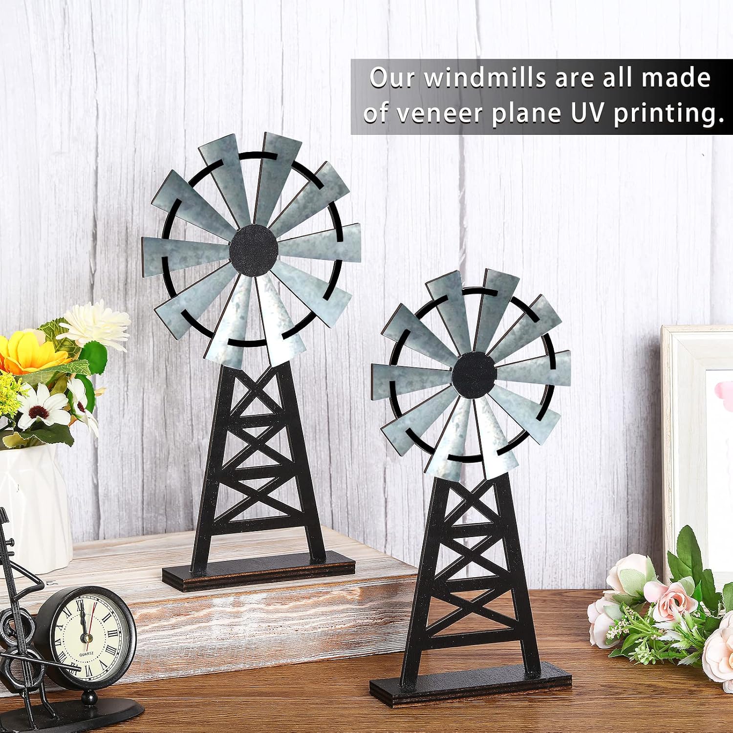 2 Distressed Wood Farmhouse Windmills, Black Grey Rustic Tabletop Decor - Image 2