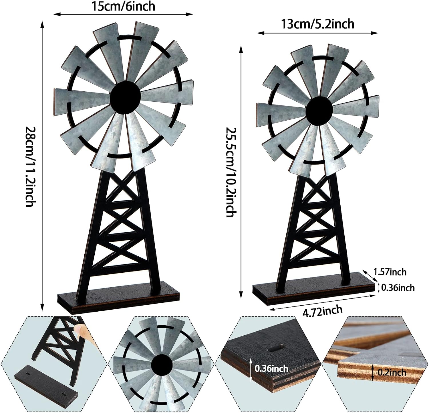 2 Distressed Wood Farmhouse Windmills, Black Grey Rustic Tabletop Decor - Image 3