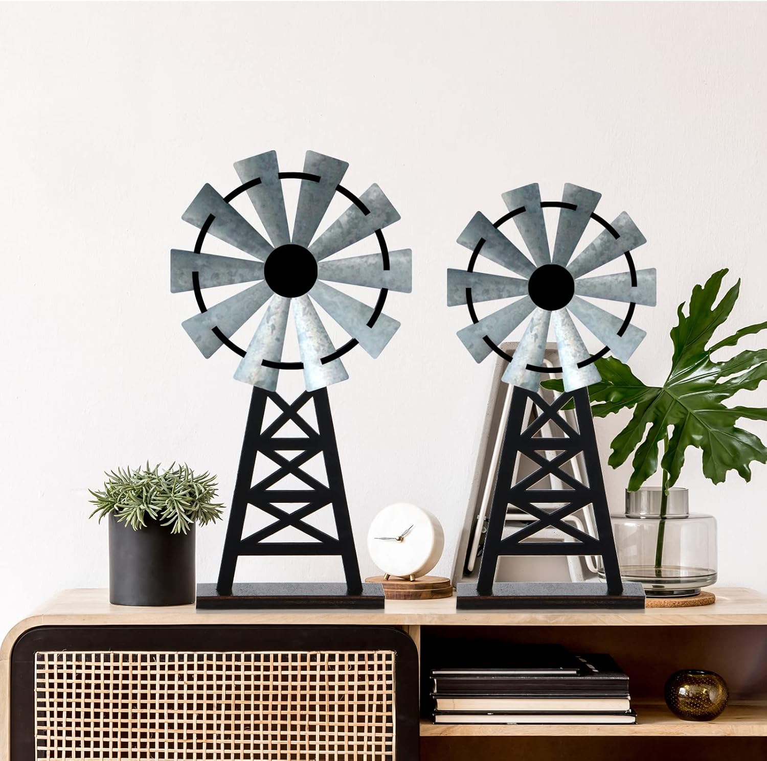2 Distressed Wood Farmhouse Windmills, Black Grey Rustic Tabletop Decor - Image 4