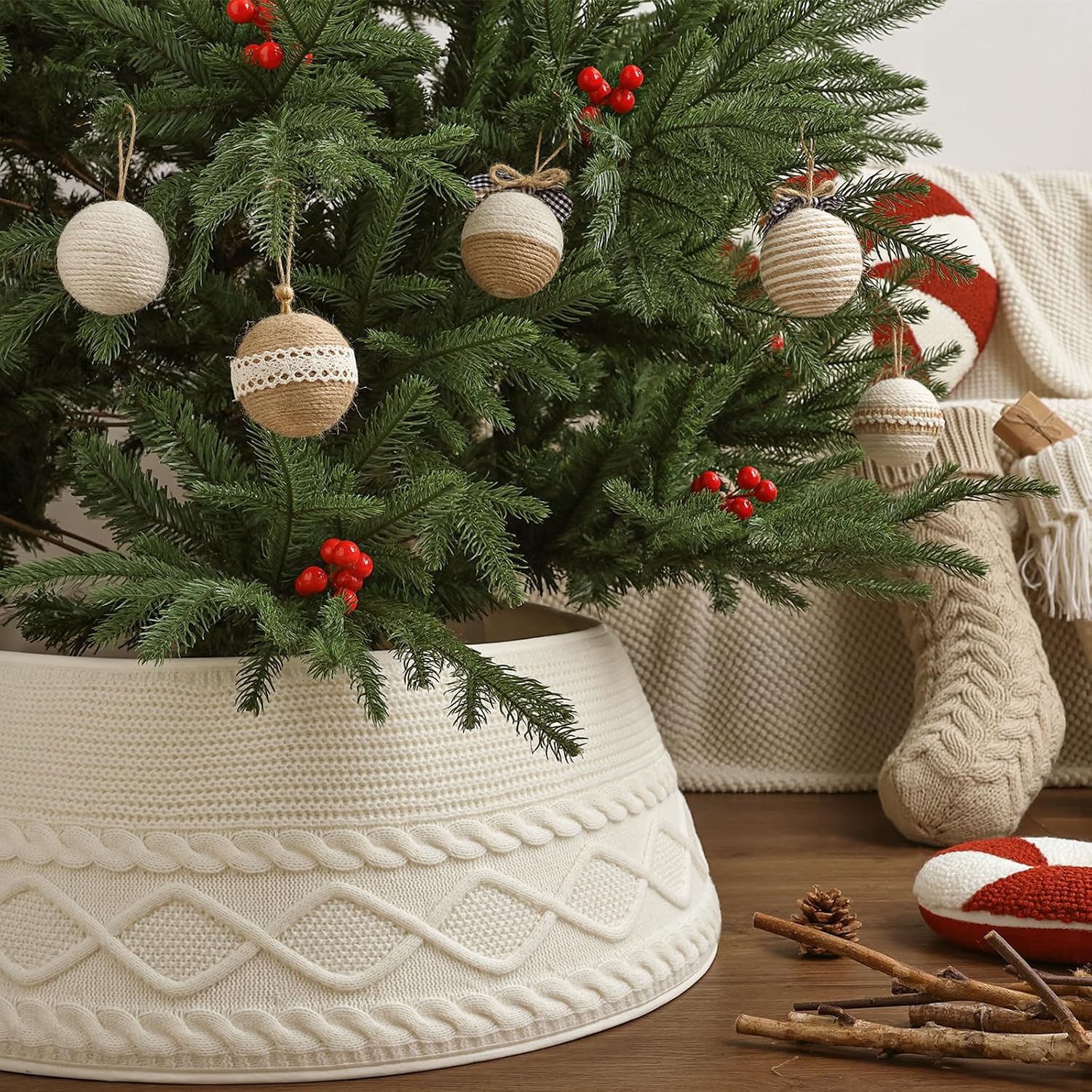 Chunky Cream Knitted Tree Collar: Farmhouse Rustic Cable Knit Diamond Edge - Image 5
