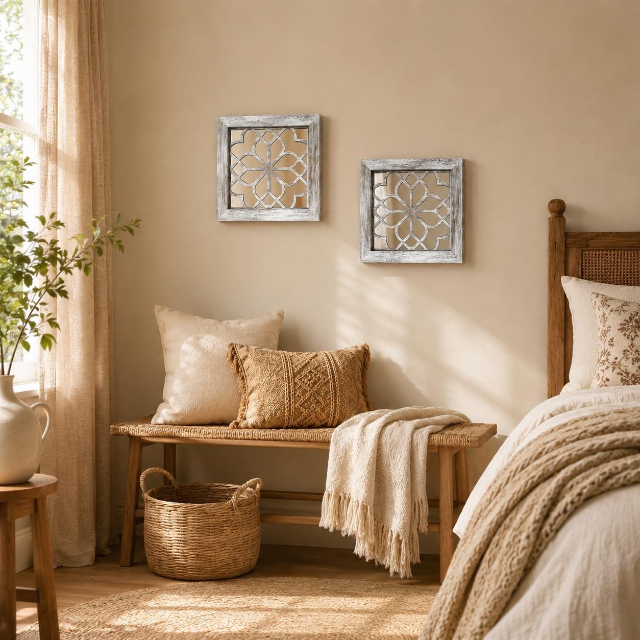 2-Pack Grey Boho Farmhouse Square Acrylic Wall Mirrors, 12x12" Shatterproof - Image 4