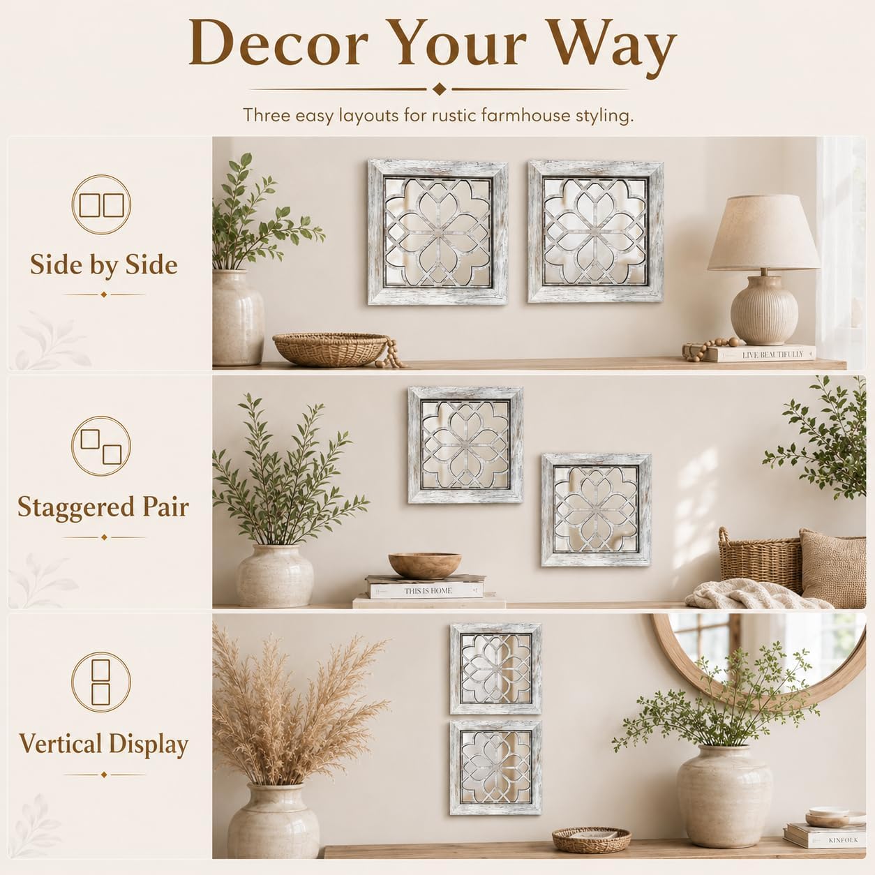 2-Pack Grey Boho Farmhouse Square Acrylic Wall Mirrors, 12x12" Shatterproof - Image 5