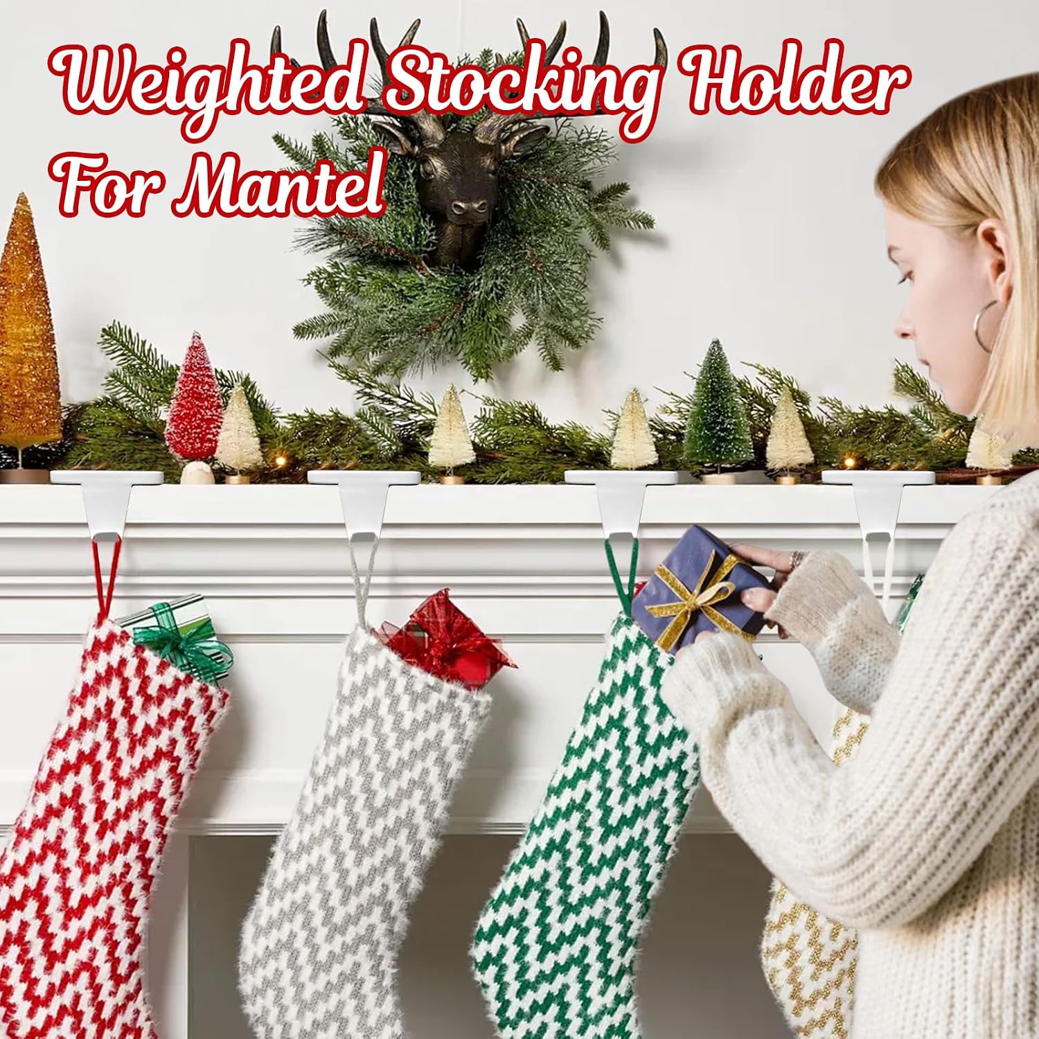 4 White Weighted Mantle Stocking Holders - Heavy Duty, Low Profile - Image 4