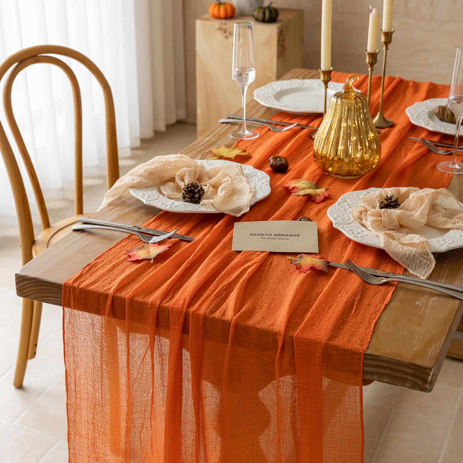 Orange Fall Cheesecloth Table Runner 10FT Rustic Boho Thanksgiving Decor - Image 2