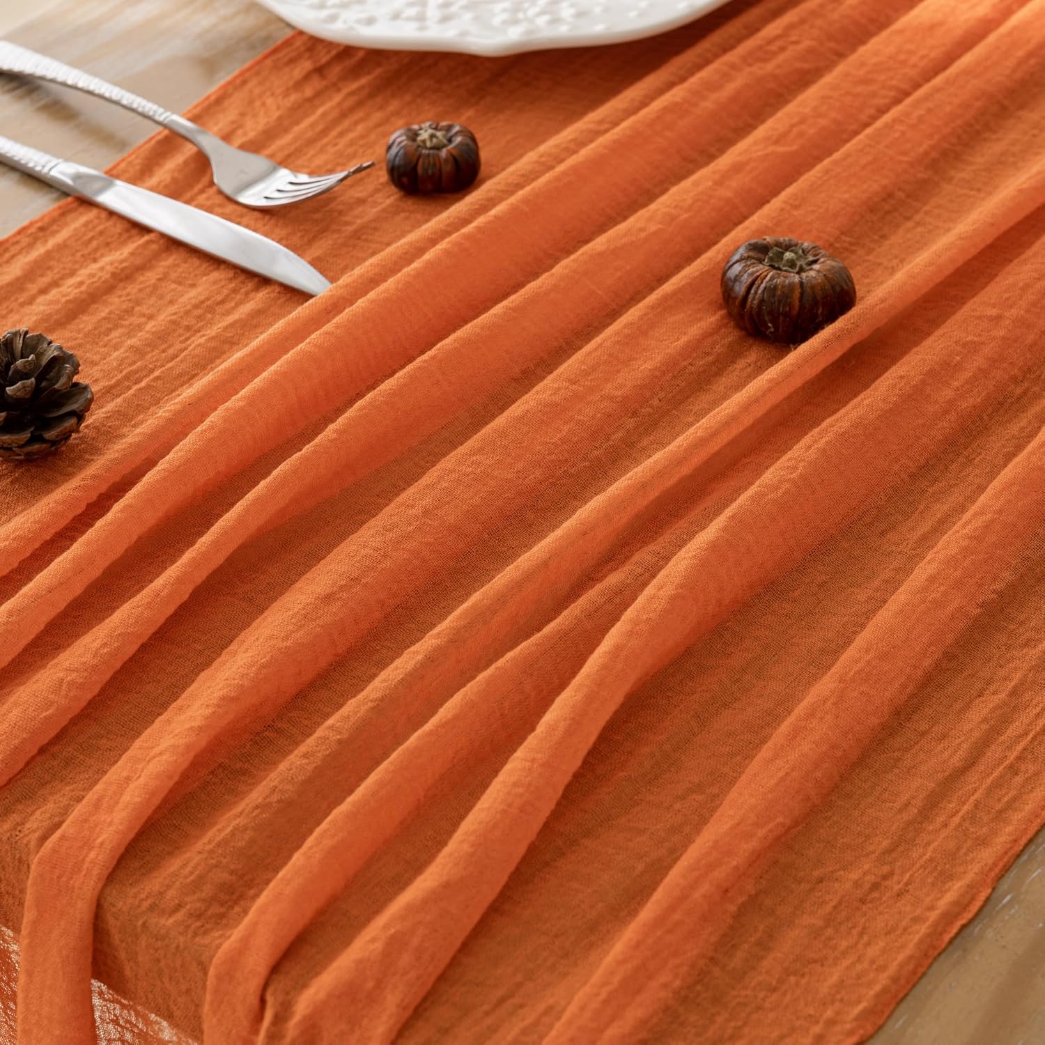 Orange Fall Cheesecloth Table Runner 10FT Rustic Boho Thanksgiving Decor - Image 3