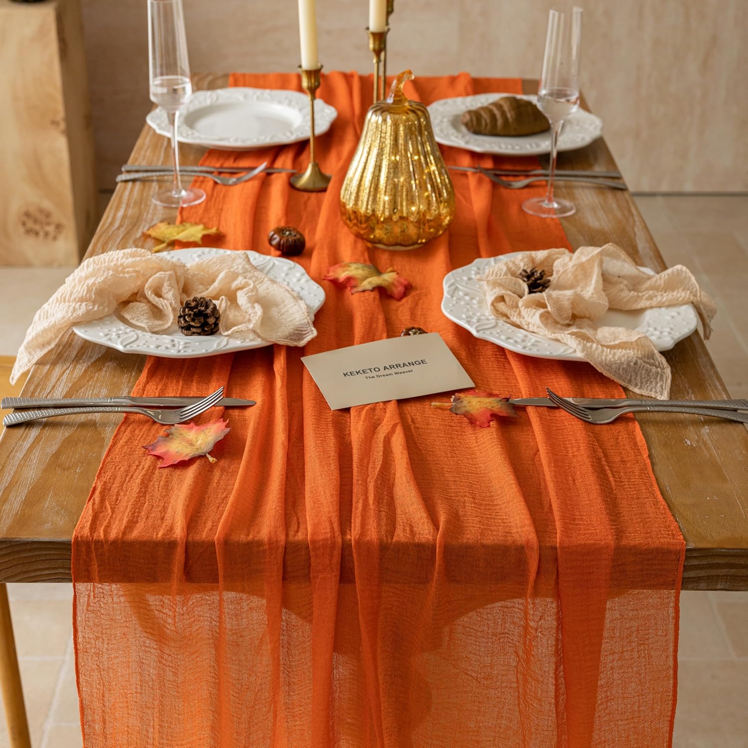 Orange Fall Cheesecloth Table Runner 10FT Rustic Boho Thanksgiving Decor - Image 4