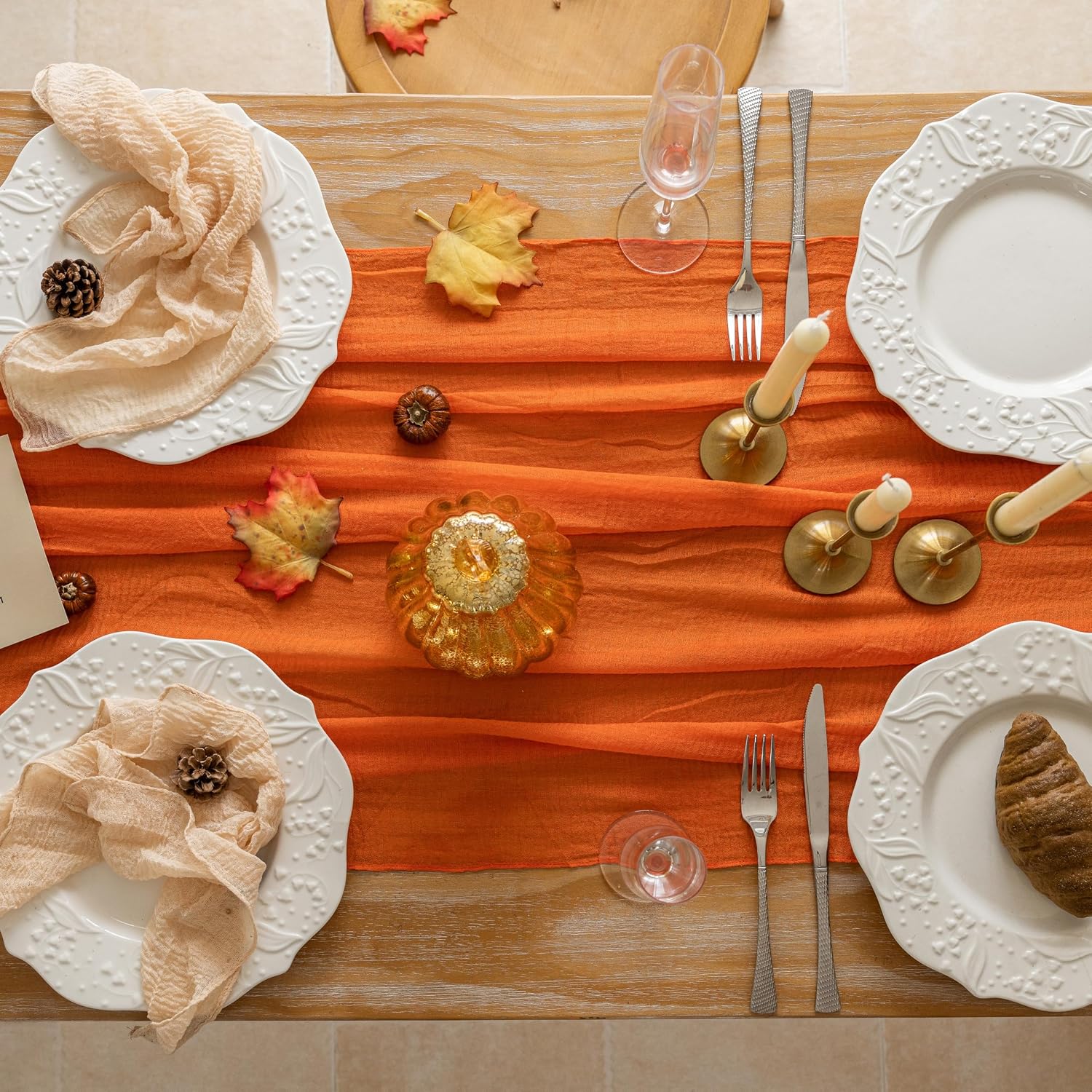 Orange Fall Cheesecloth Table Runner 10FT Rustic Boho Thanksgiving Decor - Image 5