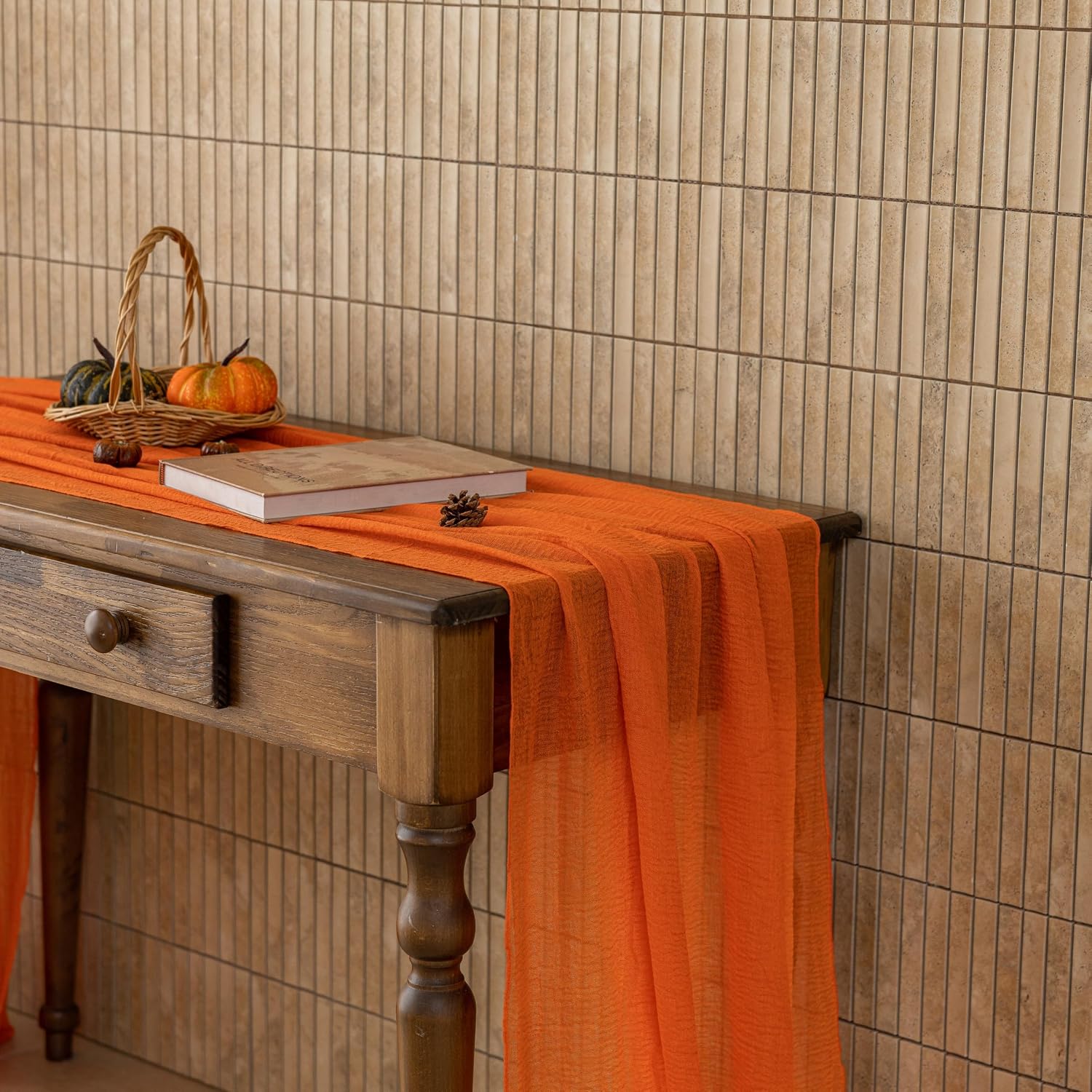 Orange Fall Cheesecloth Table Runner 10FT Rustic Boho Thanksgiving Decor - Image 7