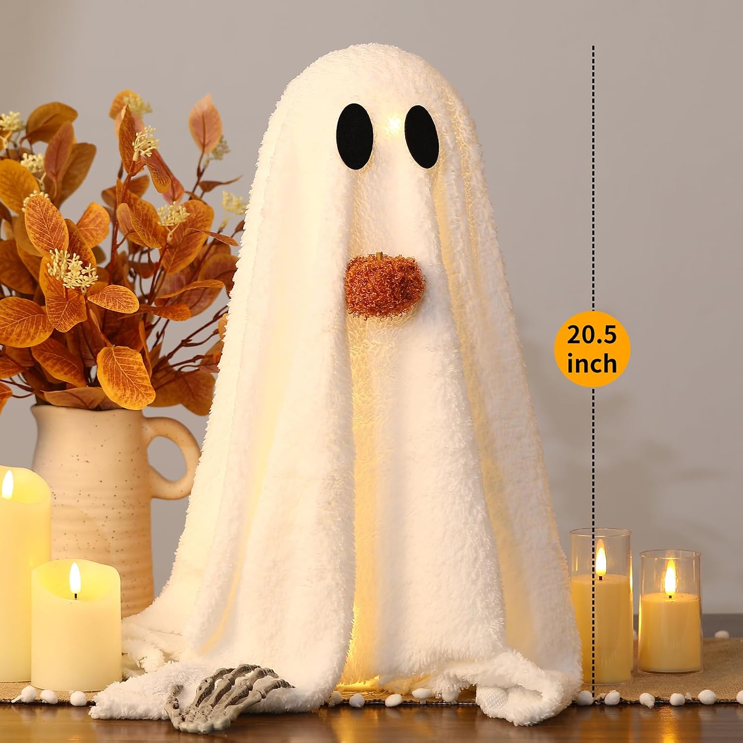 Cute 2-Pack Light-Up Sherpa Ghosts & Pumpkin | Indoor Tabletop Halloween Decor - Image 3