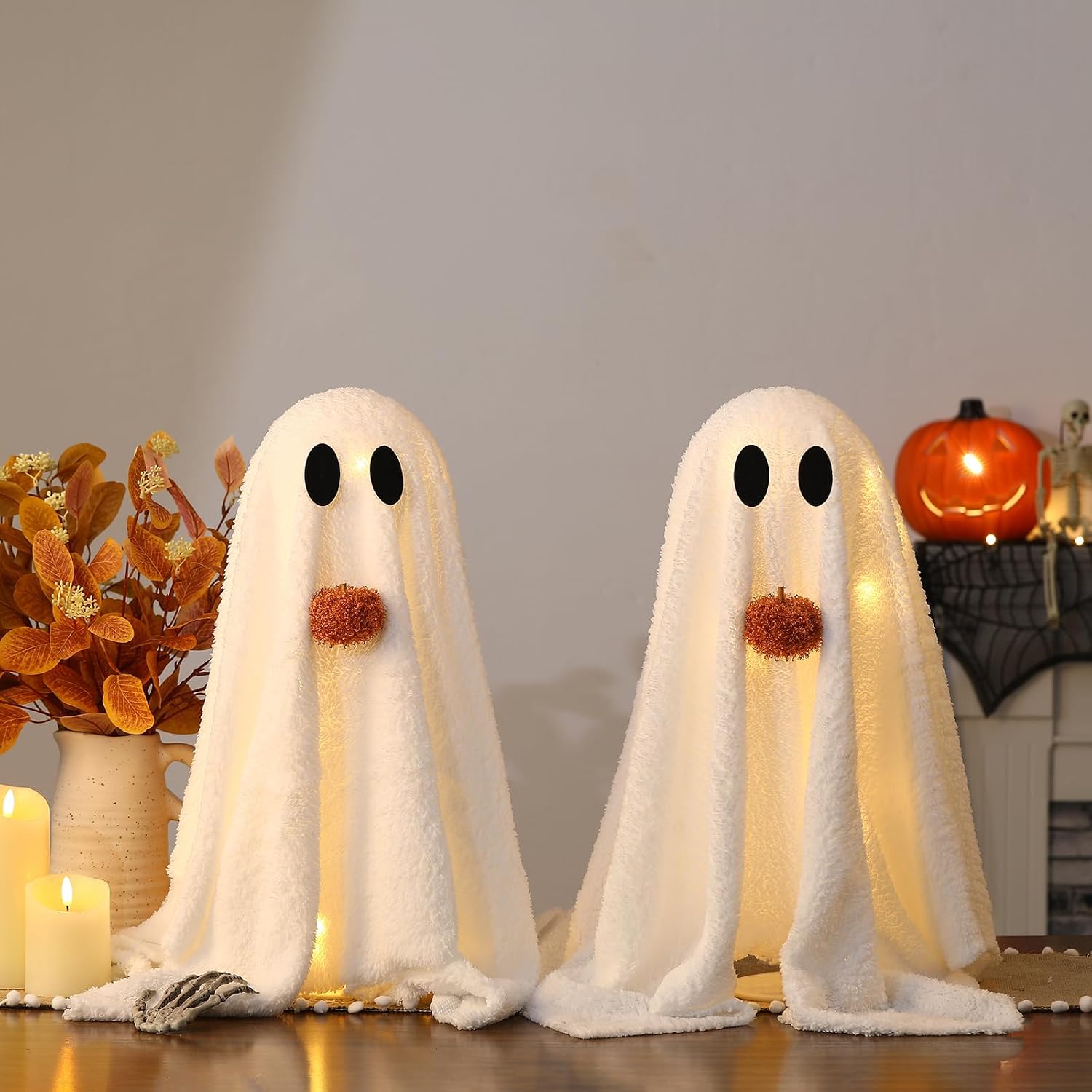 Cute 2-Pack Light-Up Sherpa Ghosts & Pumpkin | Indoor Tabletop Halloween Decor - Image 4