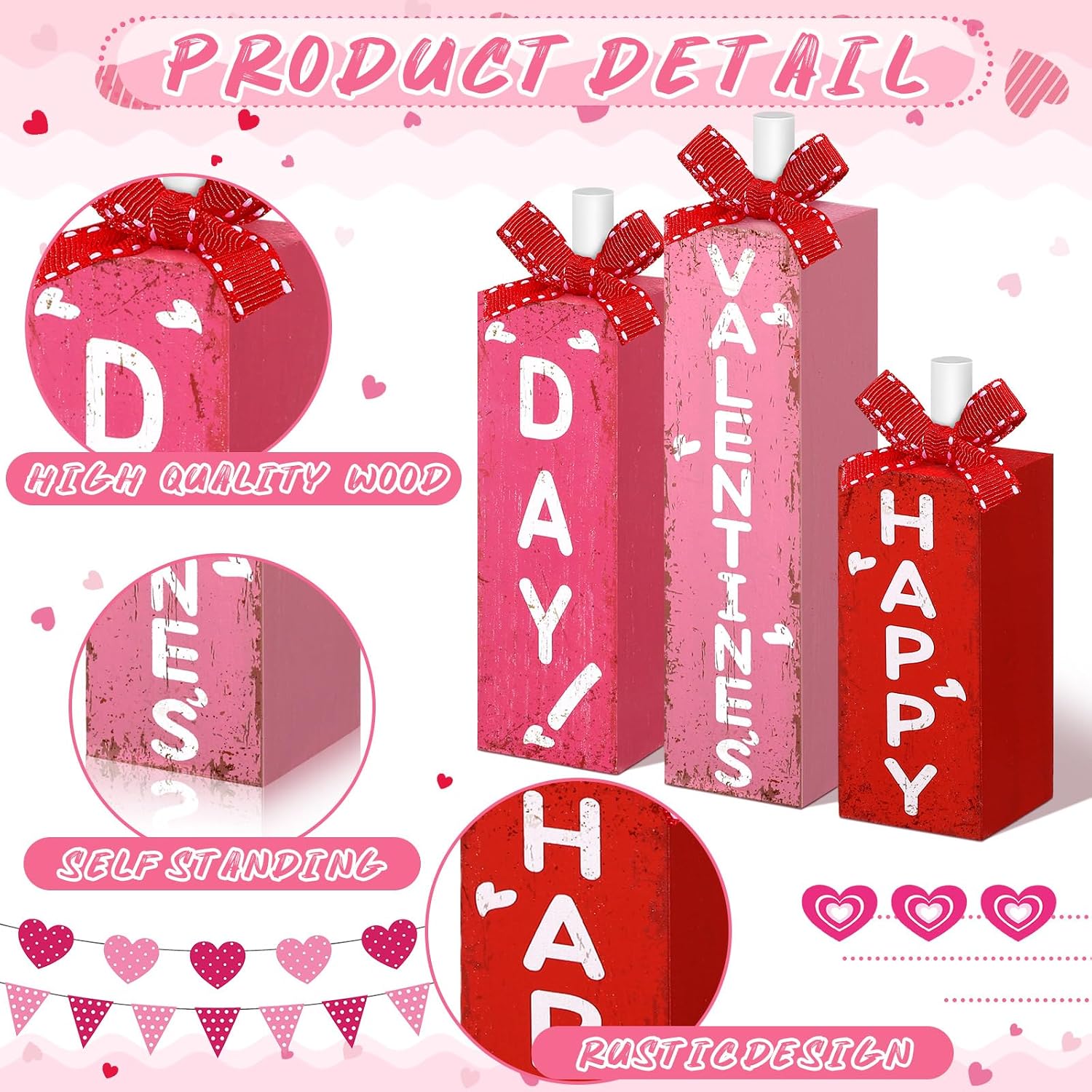 3 Pcs Rustic Farmhouse Wooden Valentine's Day Block Signs for Home & Tray Decor - Image 5