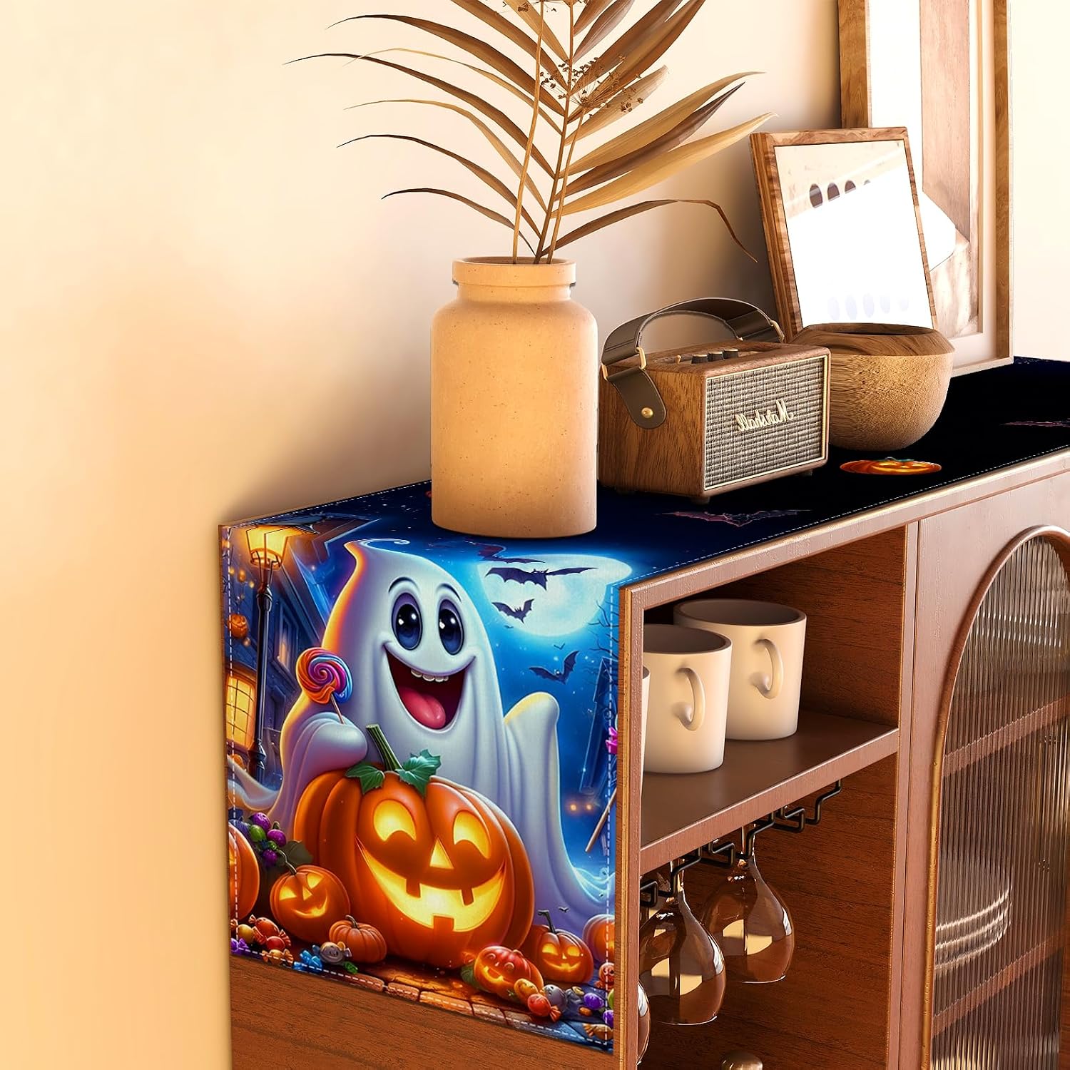 Spooky Halloween Table Runner with Ghost & Pumpkin Design - Image 2