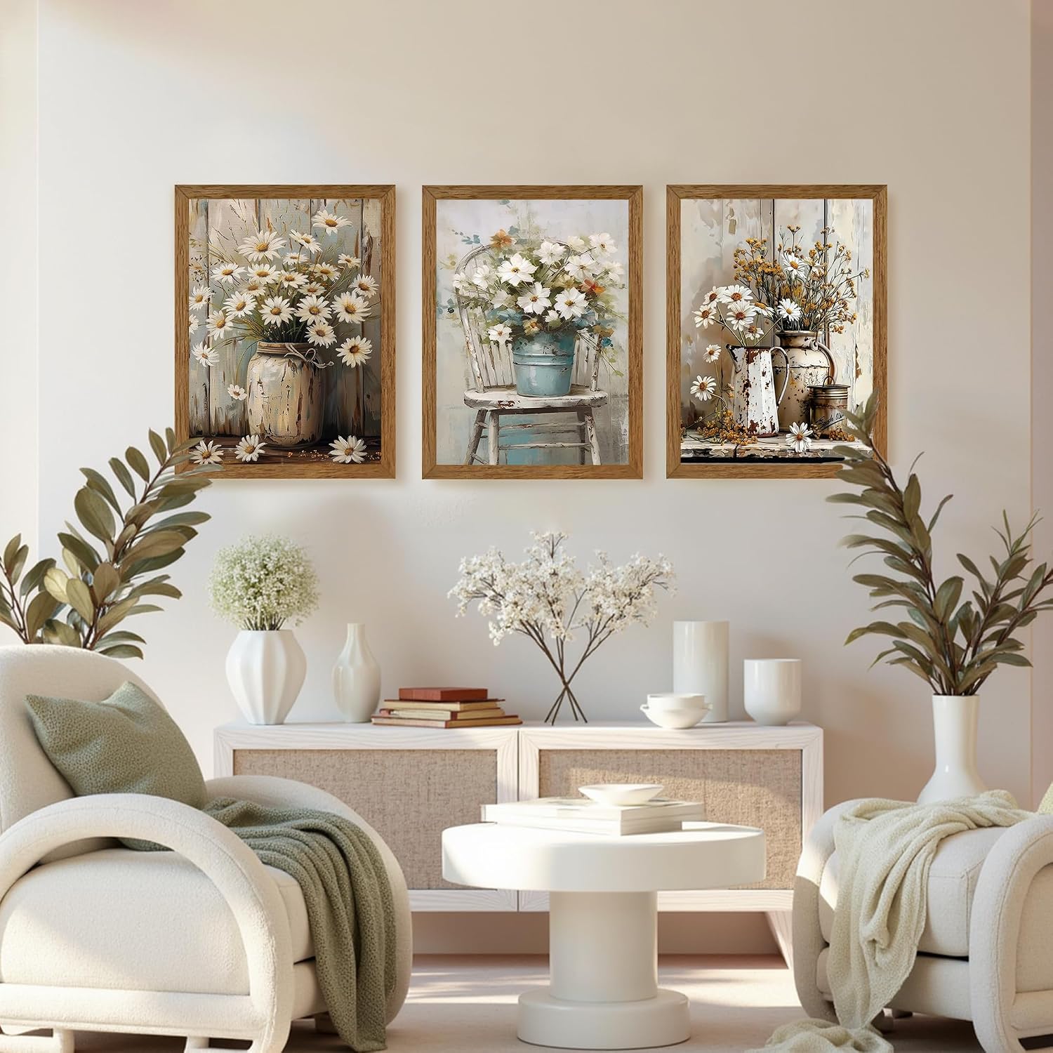 Rustic Farmhouse Daisy Triptych Framed Canvas Art. 16x24"x3 Giclée, ready to hang. - Image 3