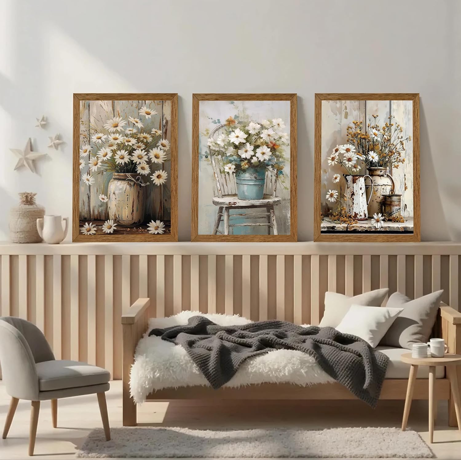 Rustic Farmhouse Daisy Triptych Framed Canvas Art. 16x24"x3 Giclée, ready to hang. - Image 4