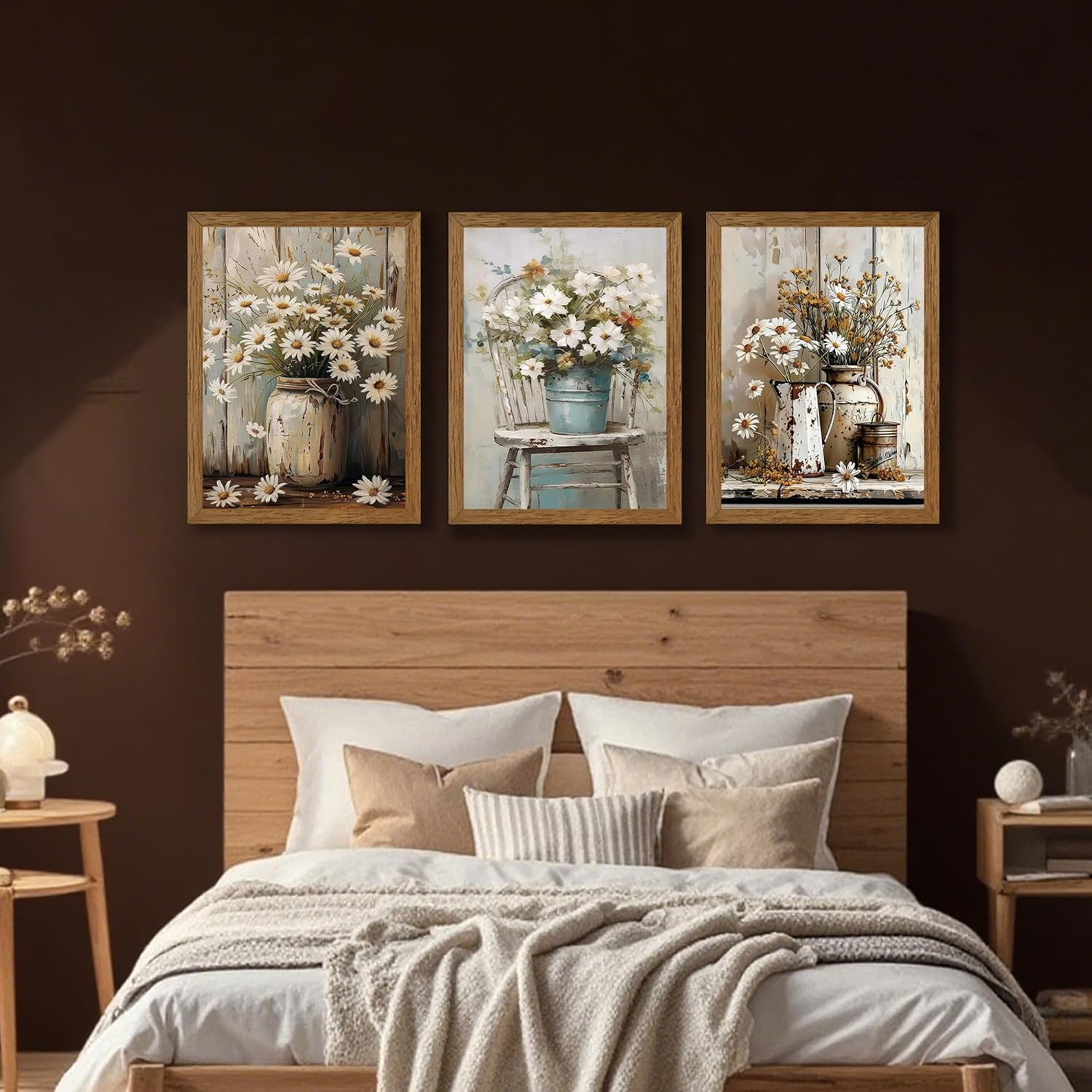Rustic Farmhouse Daisy Triptych Framed Canvas Art. 16x24"x3 Giclée, ready to hang. - Image 5