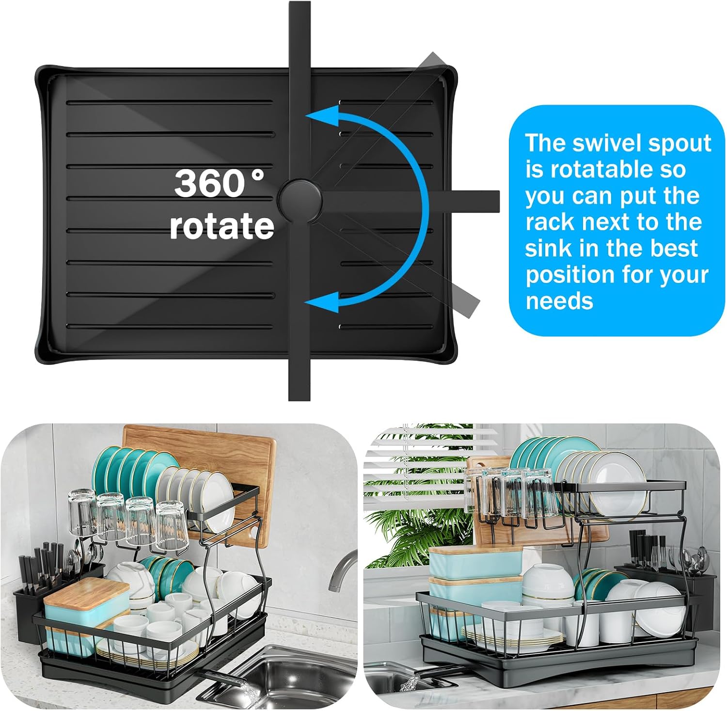 Large 2-Tier Anti-Rust Auto-Drain Dish Rack Review w/ Utensil Holders - Image 2