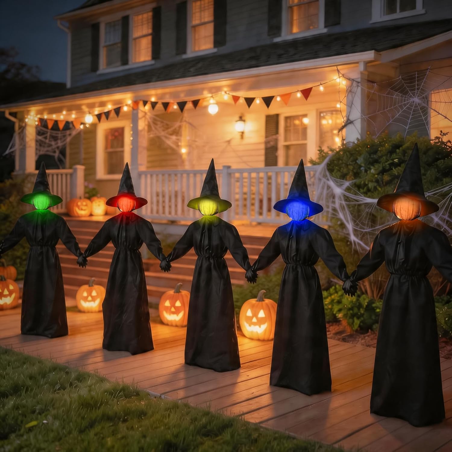 5-Pack Light-Up Holding Witches, Color Change Faces, Yard Stakes. - Image 3