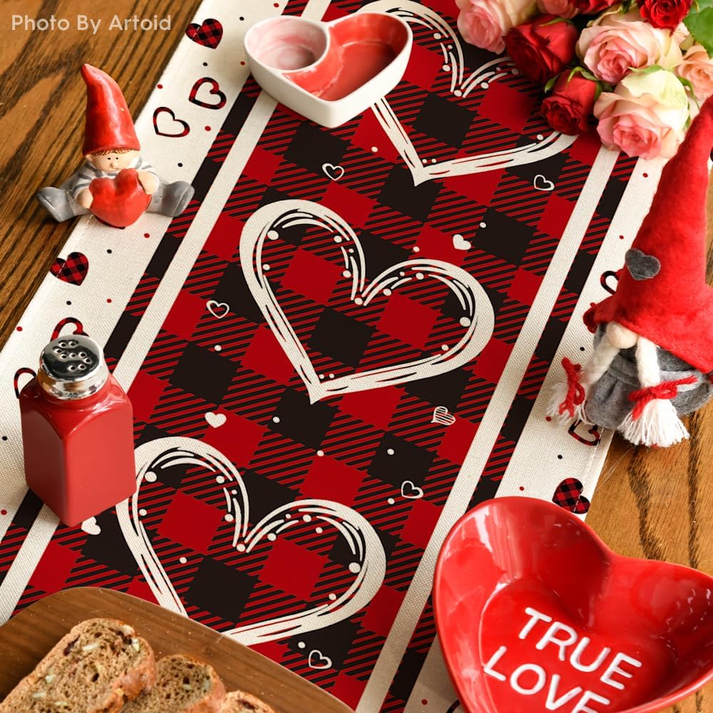 Valentine's Buffalo Plaid Heart Table Runner Decor for Home Parties - Image 2