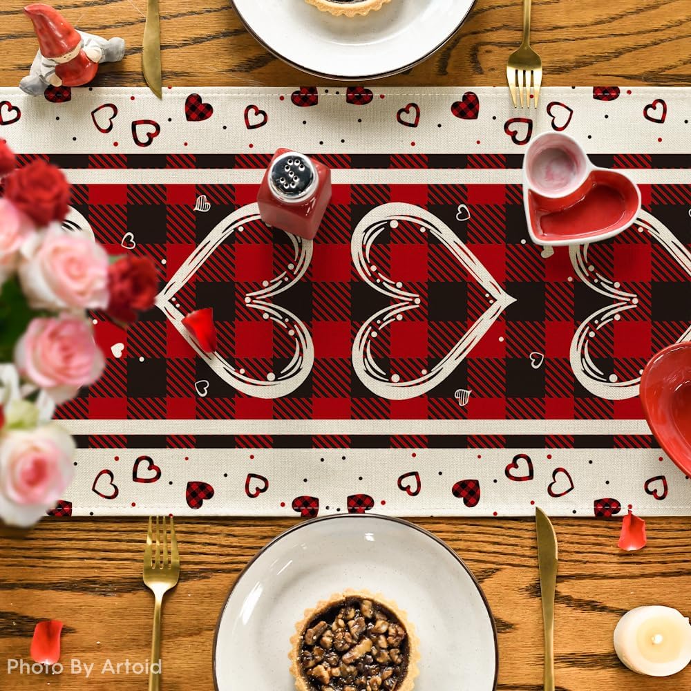 Valentine's Buffalo Plaid Heart Table Runner Decor for Home Parties - Image 4
