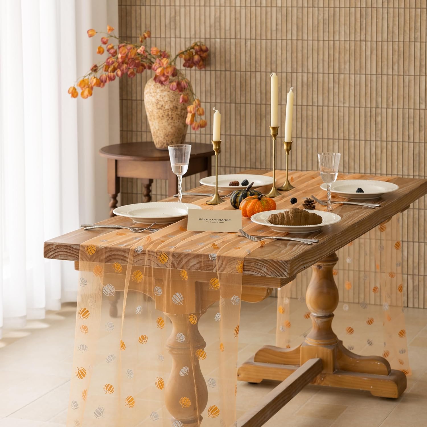 120" Fall Pumpkin Sheer Tulle Table Runner - Thanksgiving/Autumn Decor Review - Image 3
