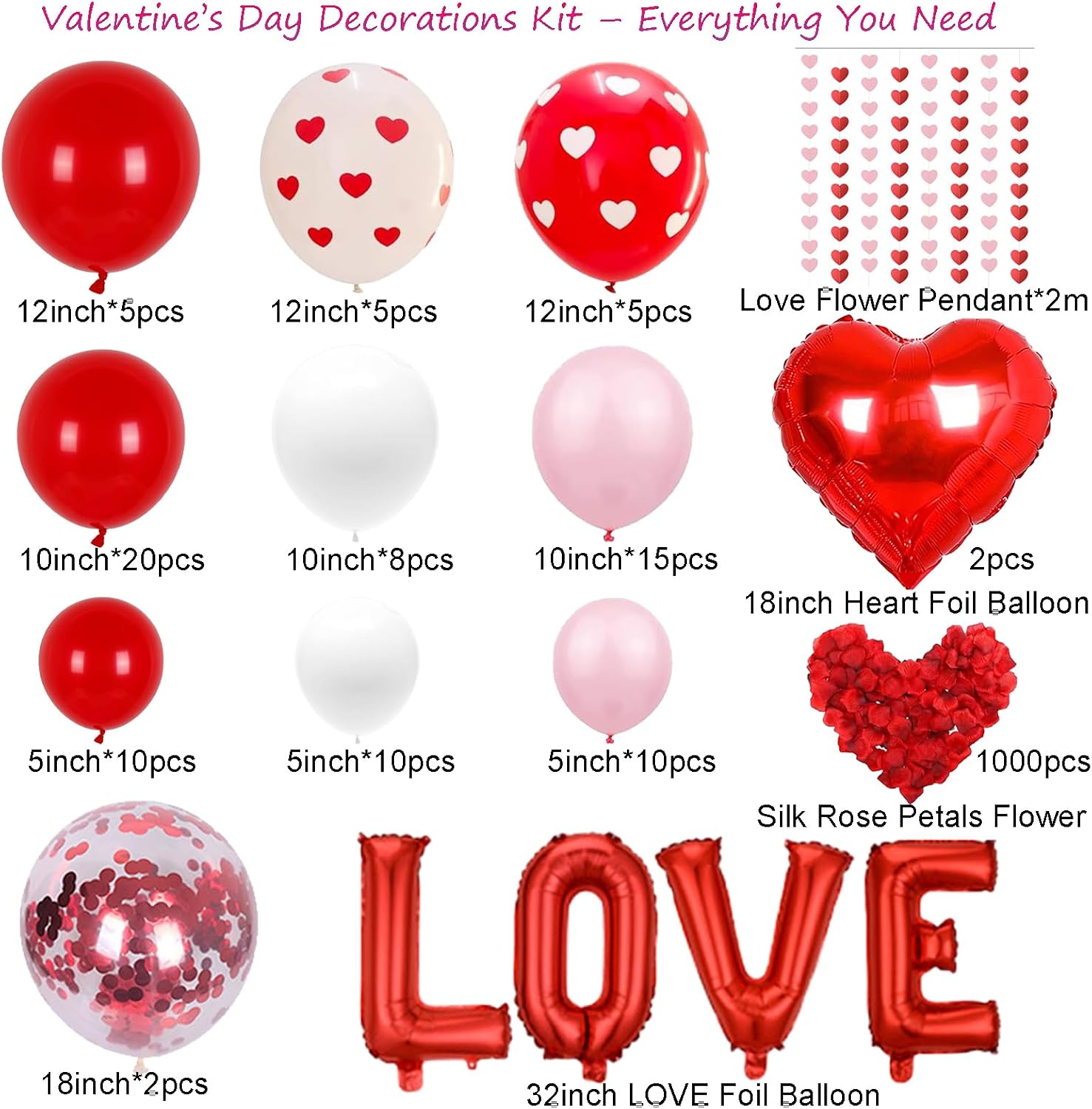 1082pc Romantic Decor Kit: Heart Balloons, LOVE Foil, Rose Petals for V-Day/Anniversary. - Image 5