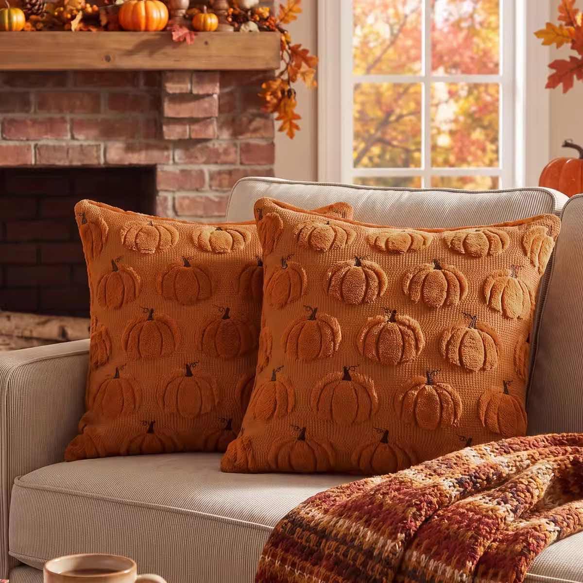 Set of 2 Rust Orange 18x18 Fall Pumpkin Plush Embroidered Pillow Covers - Image 3