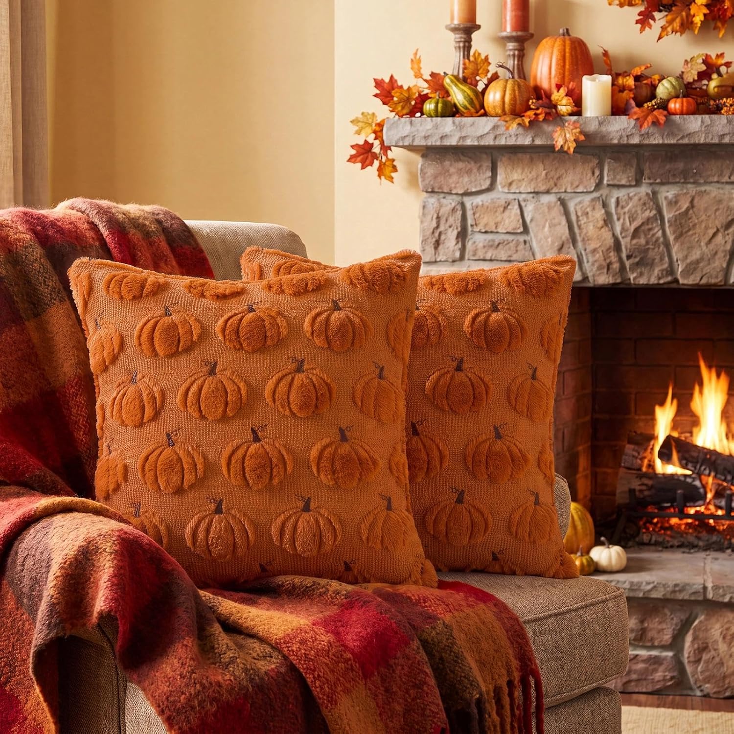Set of 2 Rust Orange 18x18 Fall Pumpkin Plush Embroidered Pillow Covers - Image 5