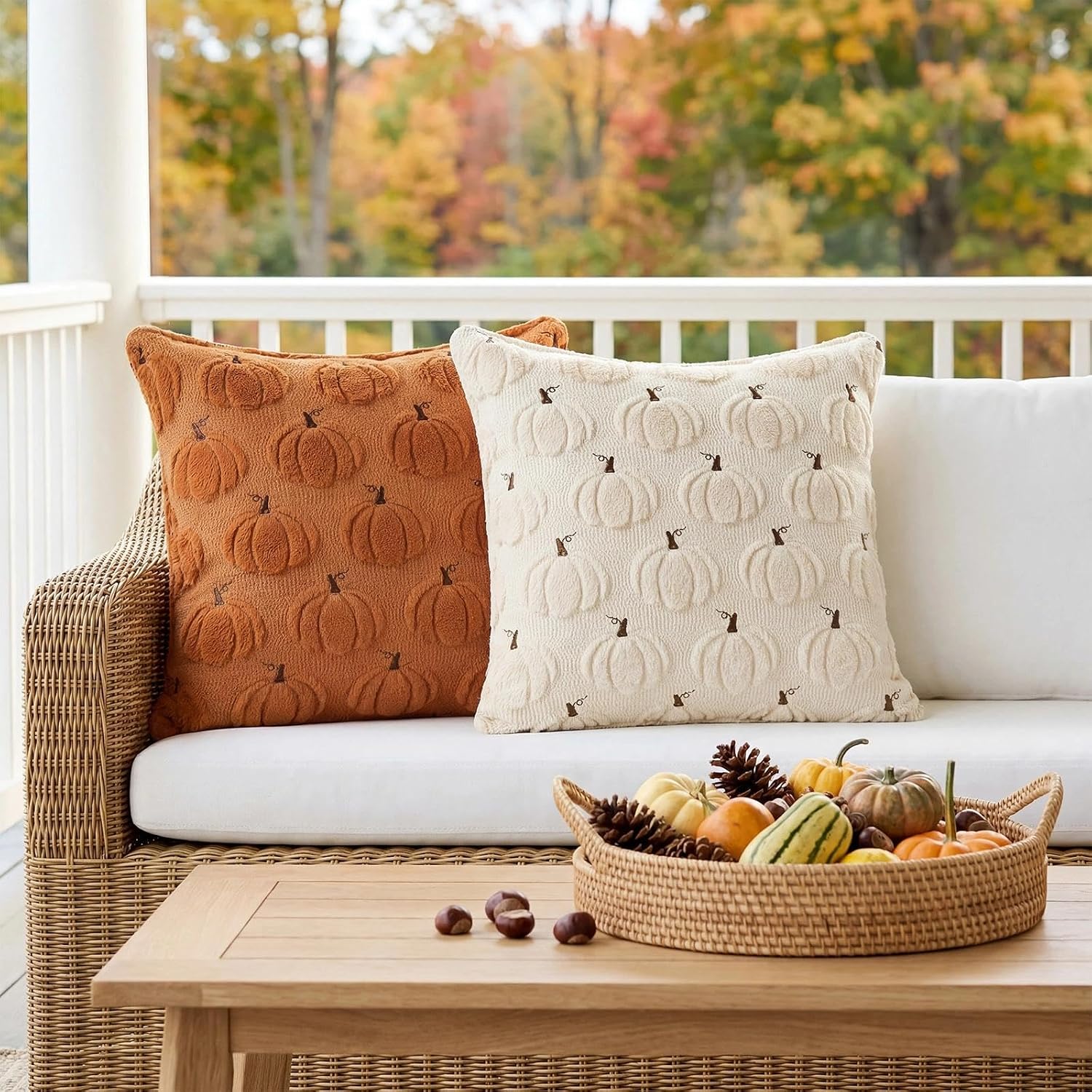 Set of 2 Rust Orange 18x18 Fall Pumpkin Plush Embroidered Pillow Covers - Image 6