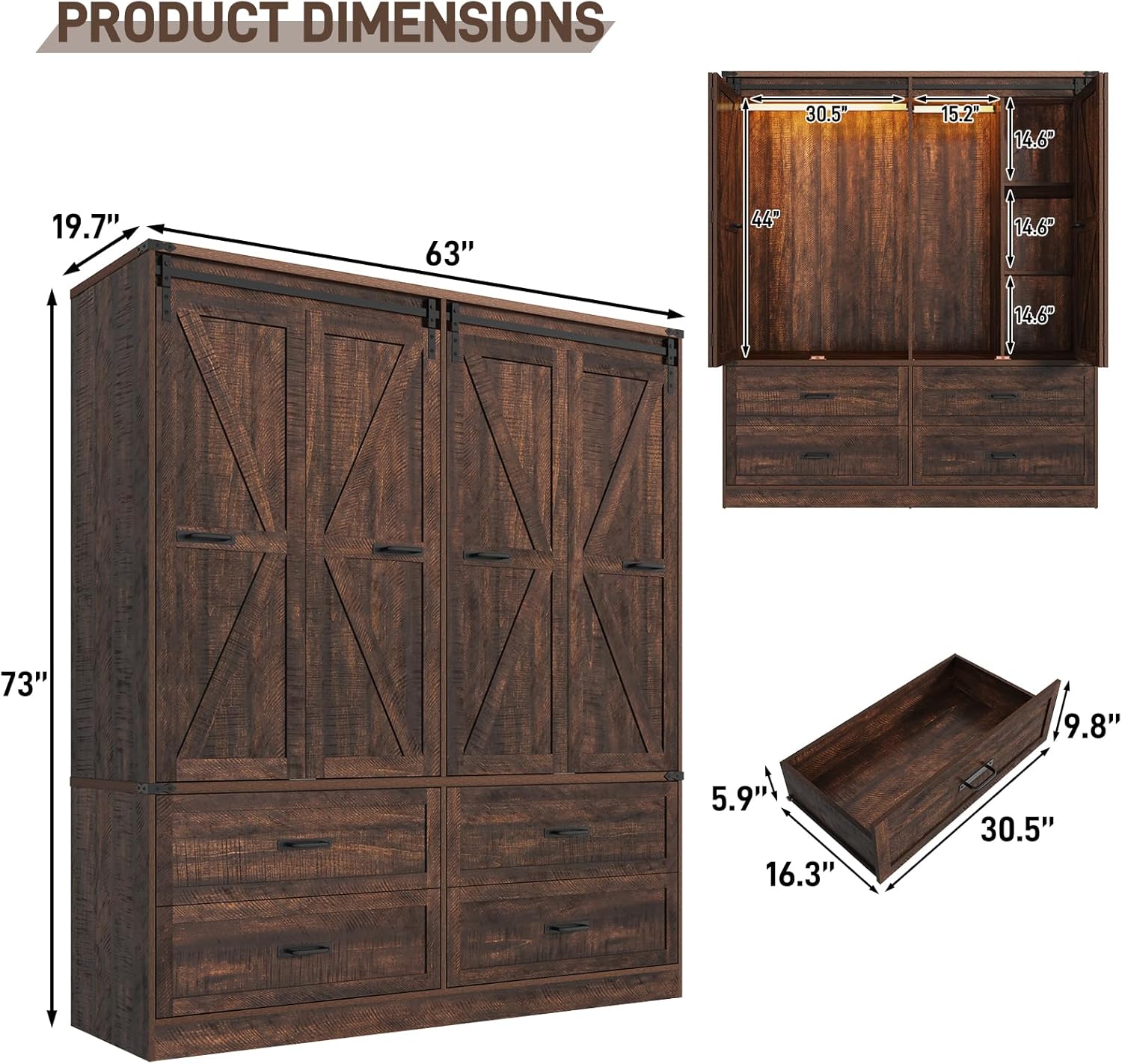Rustic Brown Farmhouse Armoire: Barn Door, LED, Drawers, Hanging Rod. - Image 2