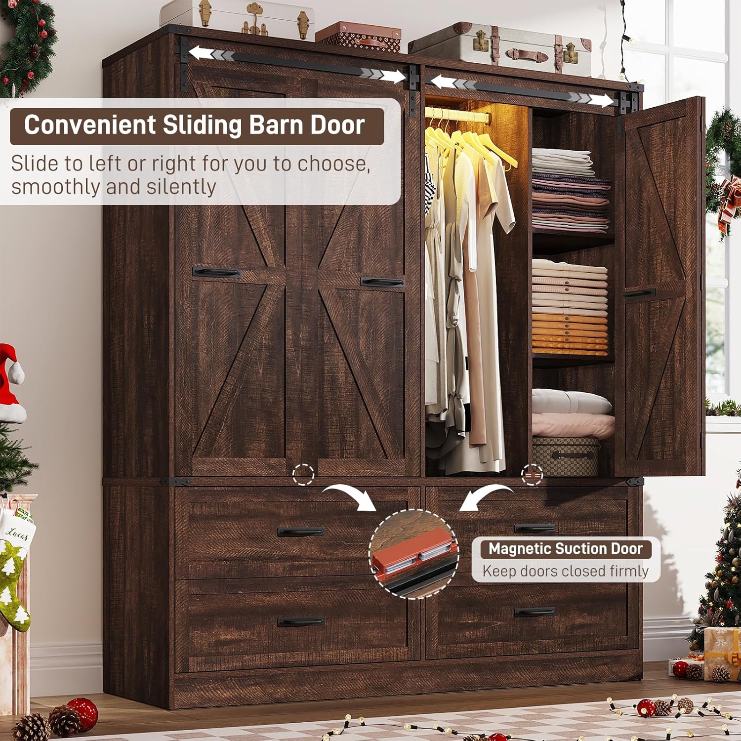 Rustic Brown Farmhouse Armoire: Barn Door, LED, Drawers, Hanging Rod. - Image 3