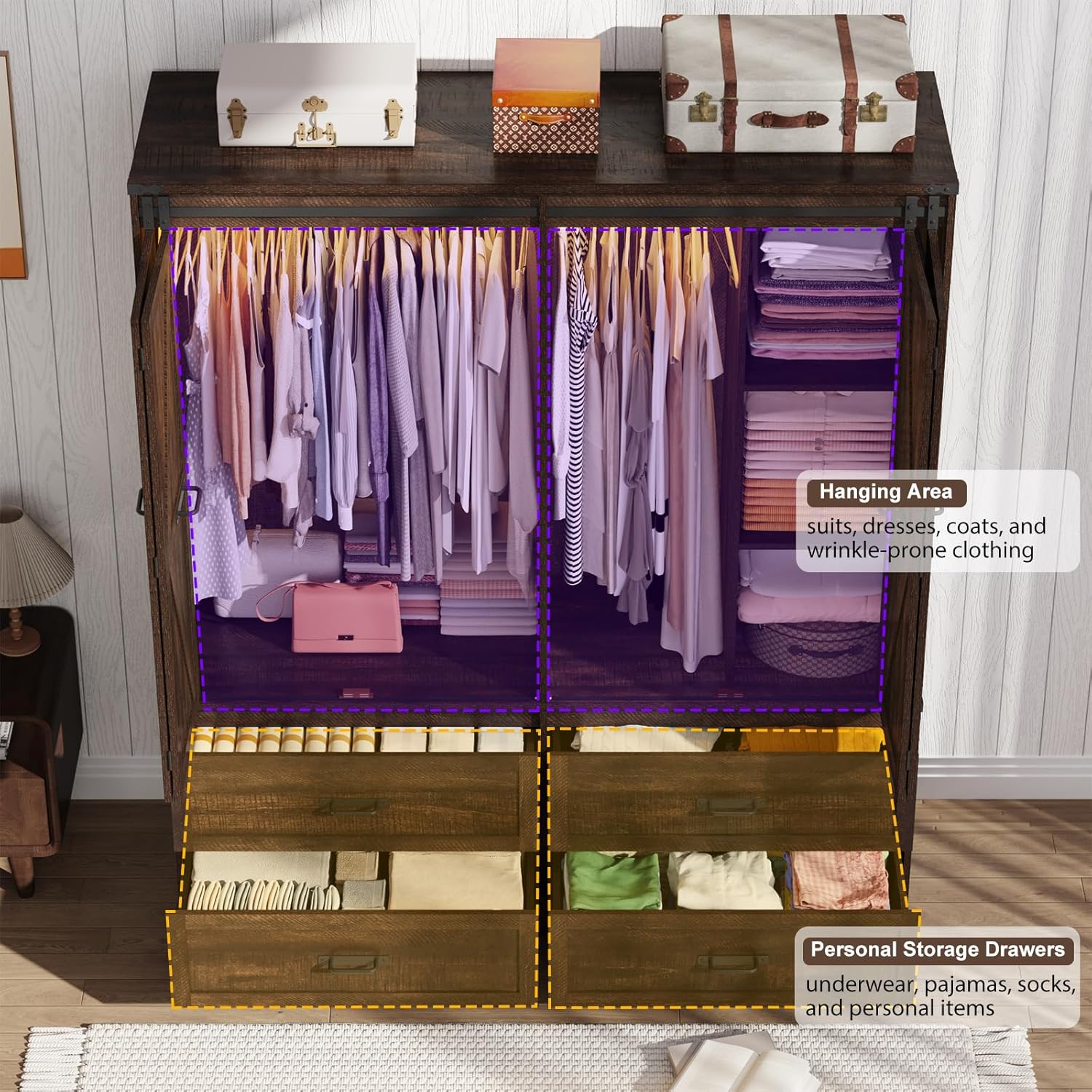 Rustic Brown Farmhouse Armoire: Barn Door, LED, Drawers, Hanging Rod. - Image 5