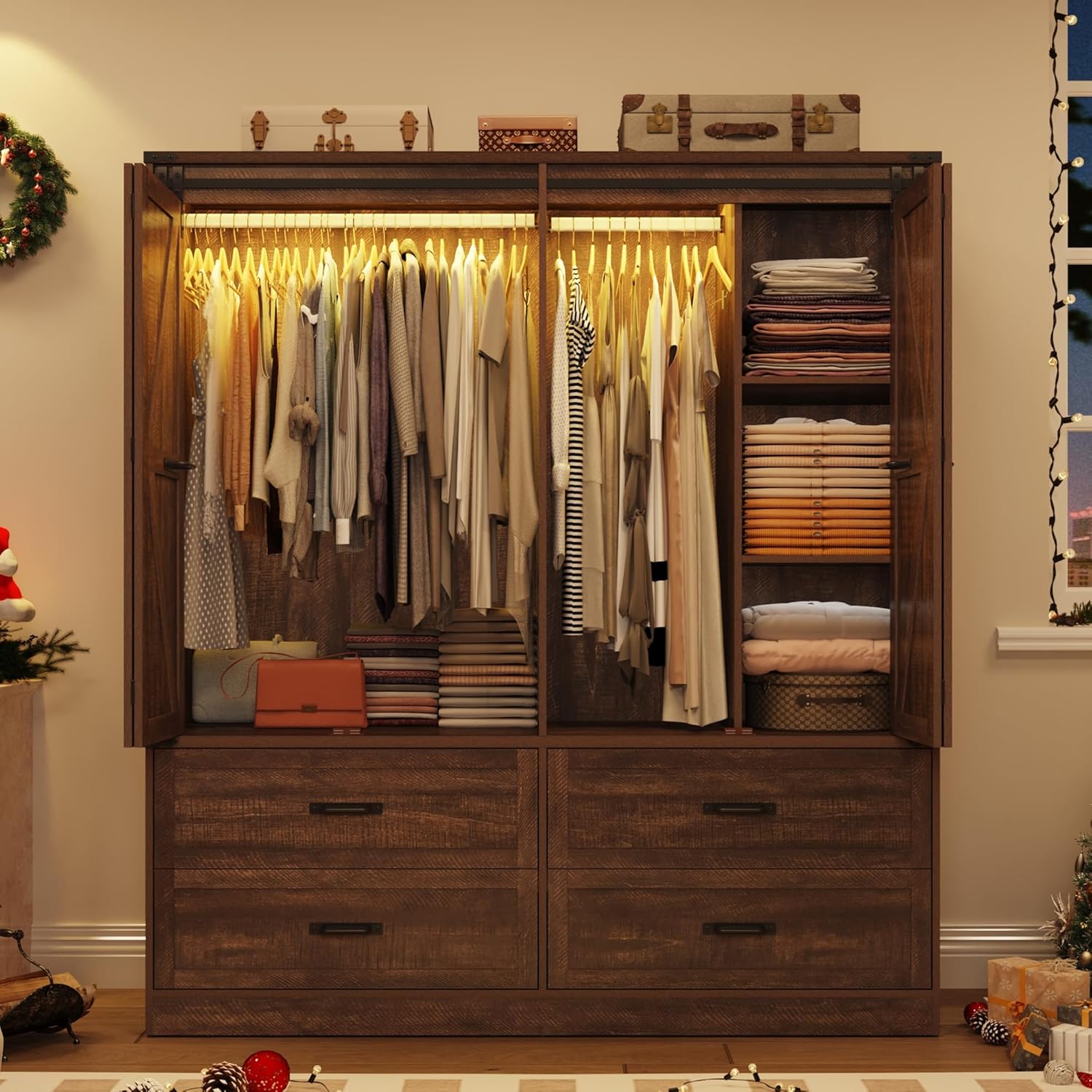 Rustic Brown Farmhouse Armoire: Barn Door, LED, Drawers, Hanging Rod. - Image 6