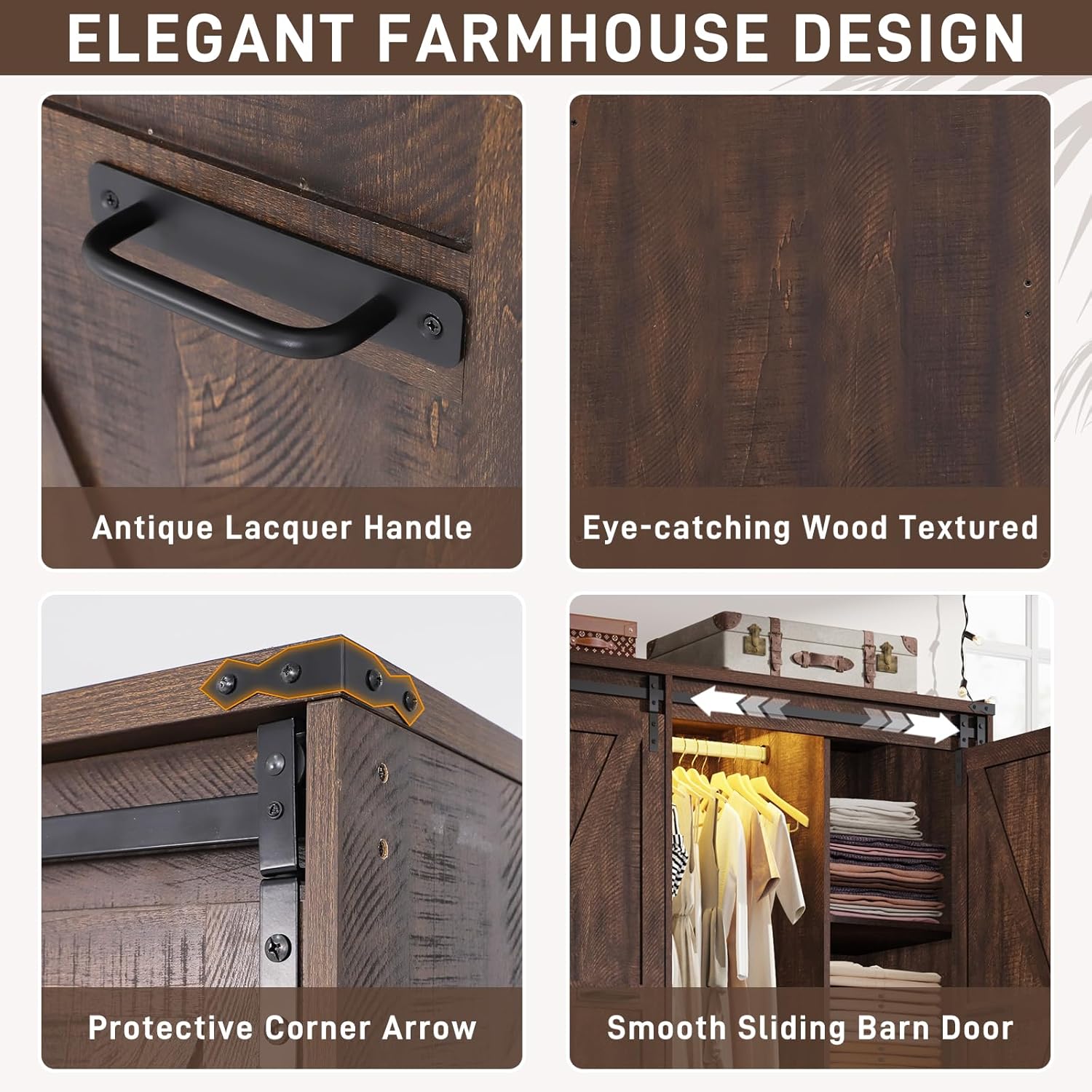 Rustic Brown Farmhouse Armoire: Barn Door, LED, Drawers, Hanging Rod. - Image 7