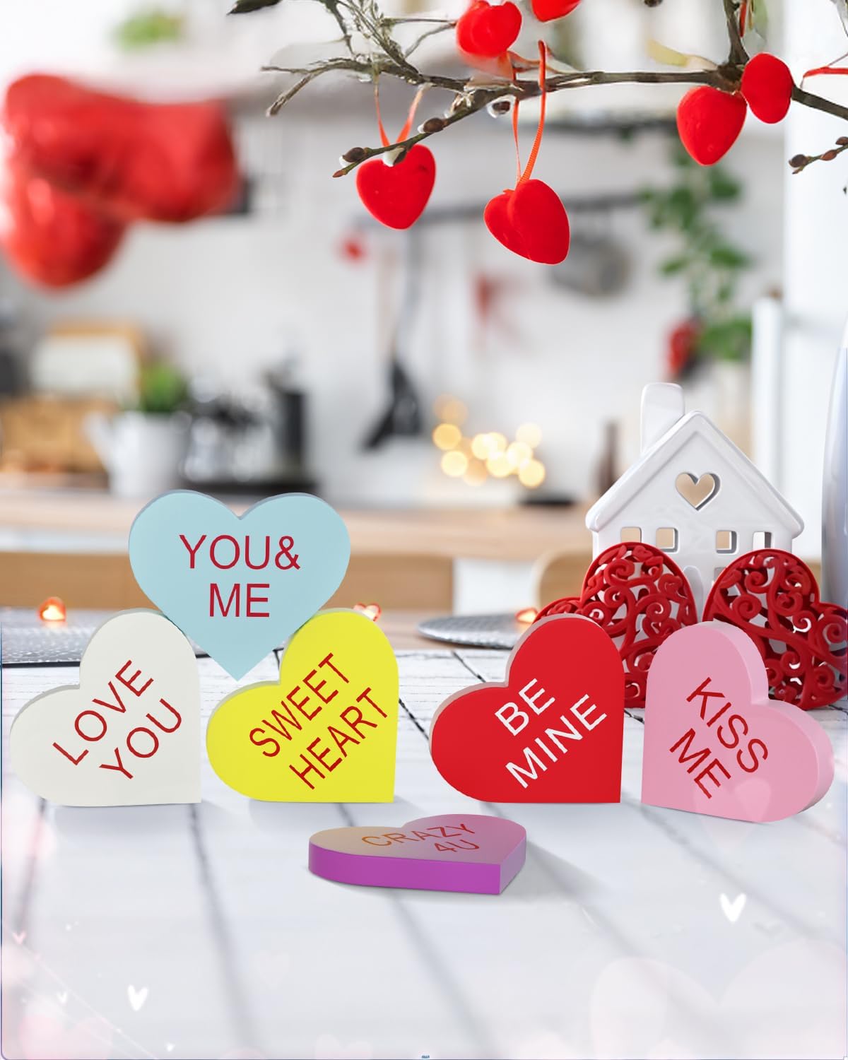 6 Pcs Double-Sided Wooden Conversation Hearts Decor for Valentine's - Image 6