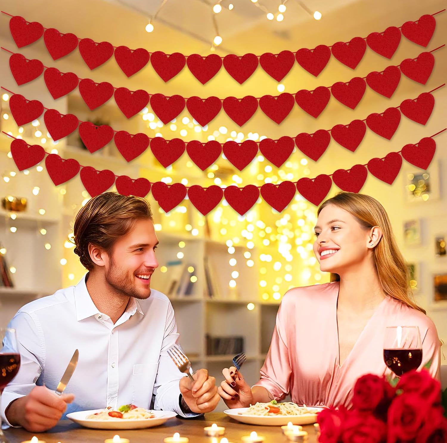 Pre-Strung 4Pcs Red Felt Heart Banners for Valentines, Weddings & Anniversaries Decor. - Image 3