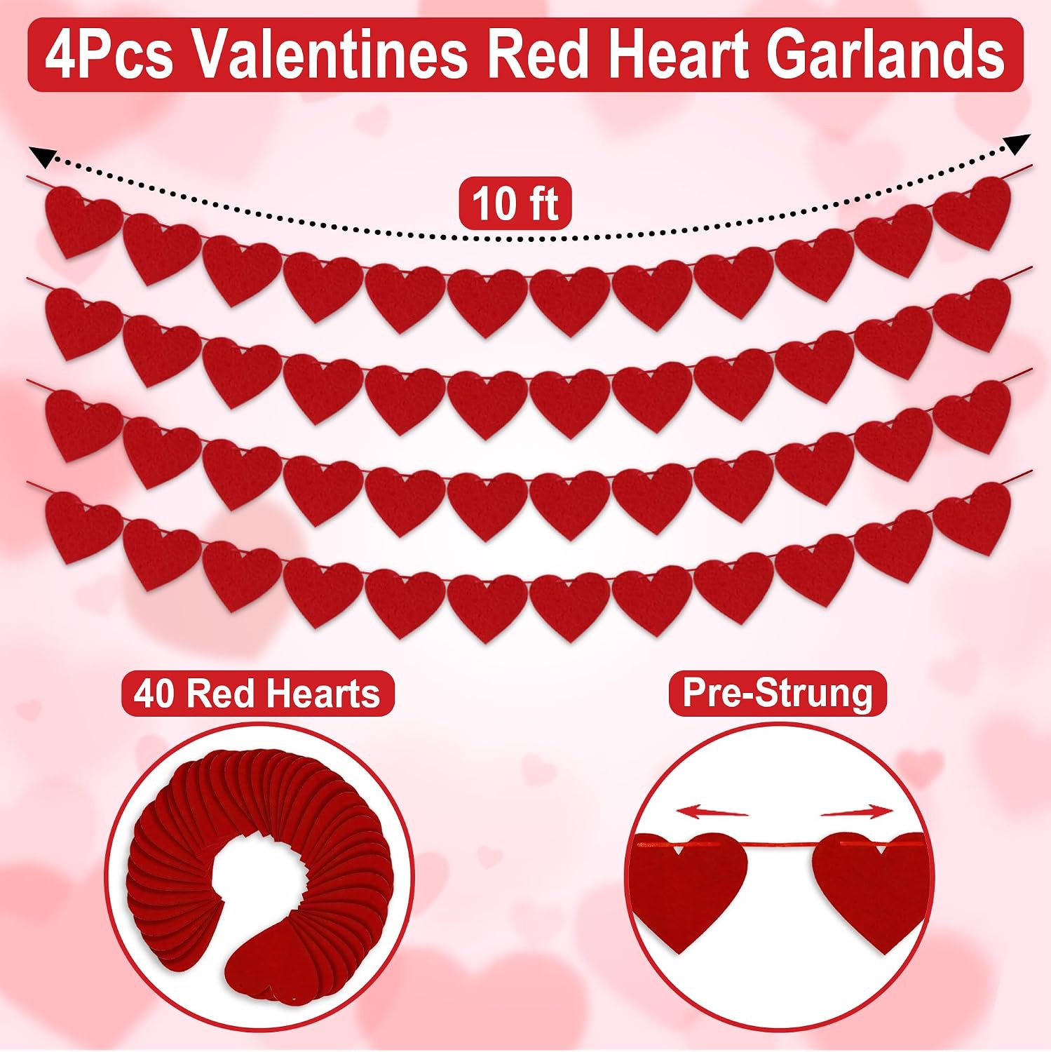 Pre-Strung 4Pcs Red Felt Heart Banners for Valentines, Weddings & Anniversaries Decor. - Image 4