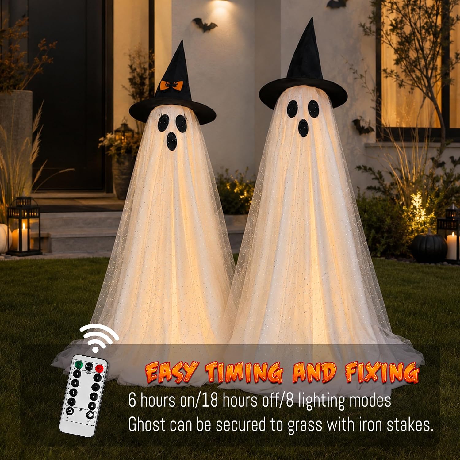 2-Pack Spooky Remote Ghost String Lights for Indoor/Outdoor Halloween Decor - Image 3