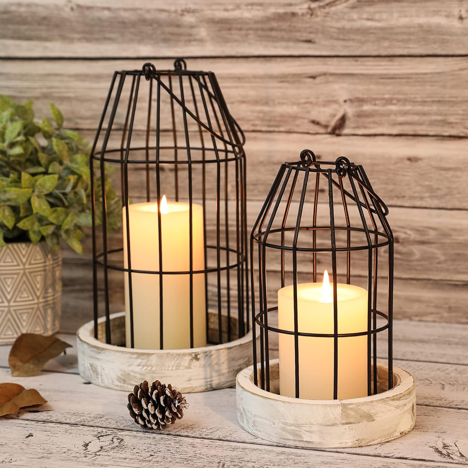 Set of 2 Rustic Cage Candle Lanterns - Modern Farmhouse Indoor/Outdoor Decor - Image 3